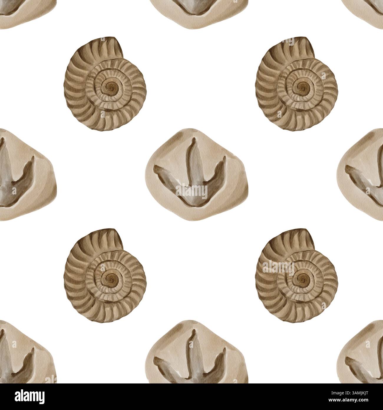 Nahtloses Muster mit Muschelmuster und Raubpfoten. Prähistorische Fossilien. Ammoniit- und Dinosaurierfußabdruck. Aquarellabbildung ohne Hintergrund Stockfoto