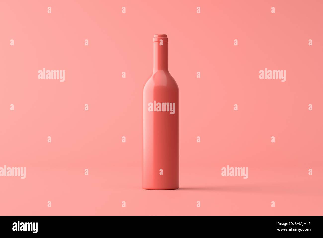 Korallenweinflasche auf farblich passendem Hintergrund, minimalistisches Konzept. 3D-Rendering Stockfoto