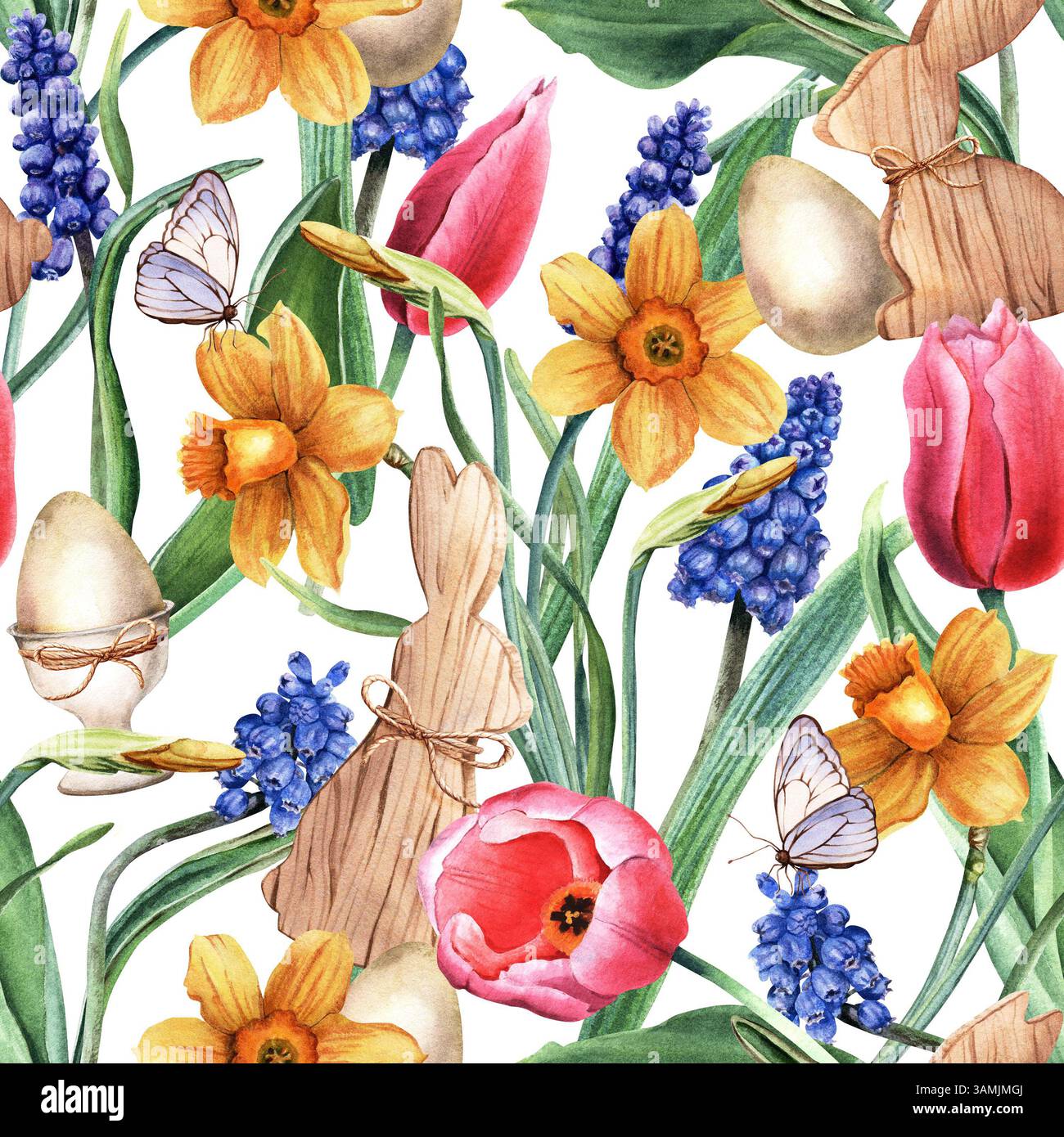 Osteraquarell nahtloses Muster mit gelben Narzissen, Narzissen, rosa Tulpen, blaue Traubenhyazinthe, Muscari, hölzerne Hasendekoration, Eier Stockfoto