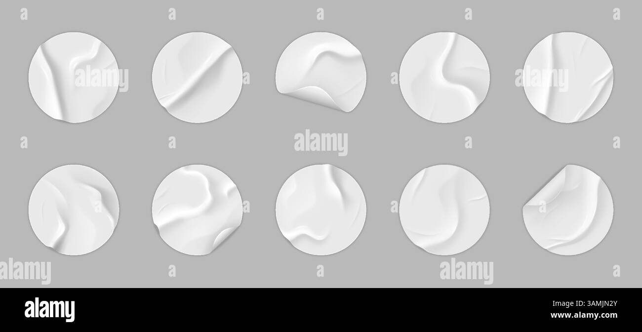 Papieraufkleber. Rundes Klebeband, weiß verklebt und faltenglänzend. Zerknittertes Kunststoffetikett. Klebriges leeres Pflaster faltiger Effekt, leer gerissen Stock Vektor