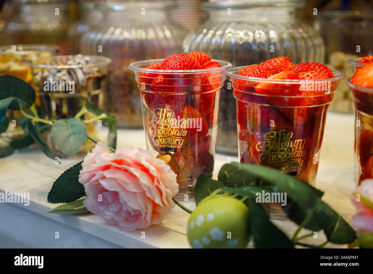 Brüssel, Belgien 21. März 2025: Frische Erdbeeren und Schokoladenspezialitäten im Schaufenster der Belgischen Schokoladenfabrik. Stockfoto