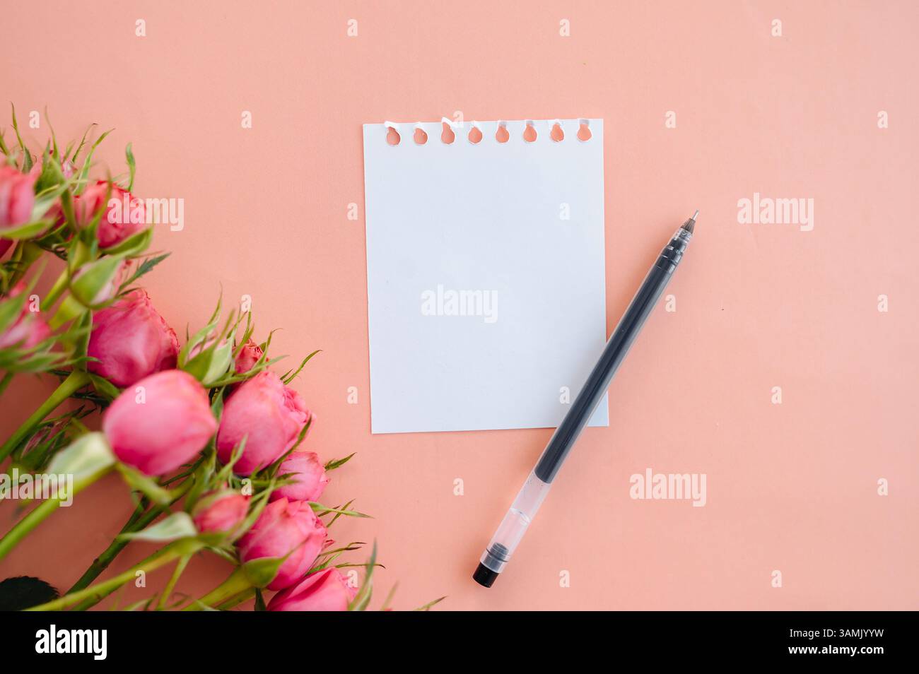 Leeres Layout für eine Notiz zwischen Blumen, perfekt für eine romantische Nachricht, Hochzeitseinladung Stockfoto