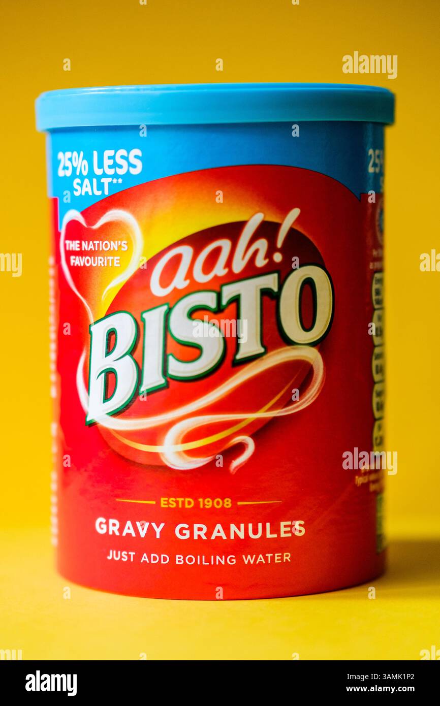 London UK, 13. April 2025, Karton mit Bistro Dried Food Gravy Granulat Stockfoto