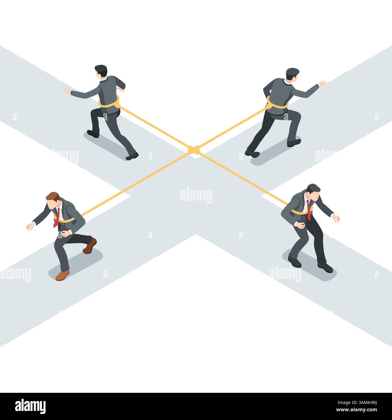 Isometrische Vektor-Geschäftsleute, die mit Seilen zusammengebunden sind, ziehen sich an einer Kreuzung in verschiedene Richtungen, in Farbe auf weißem Hintergrund, Stock Vektor