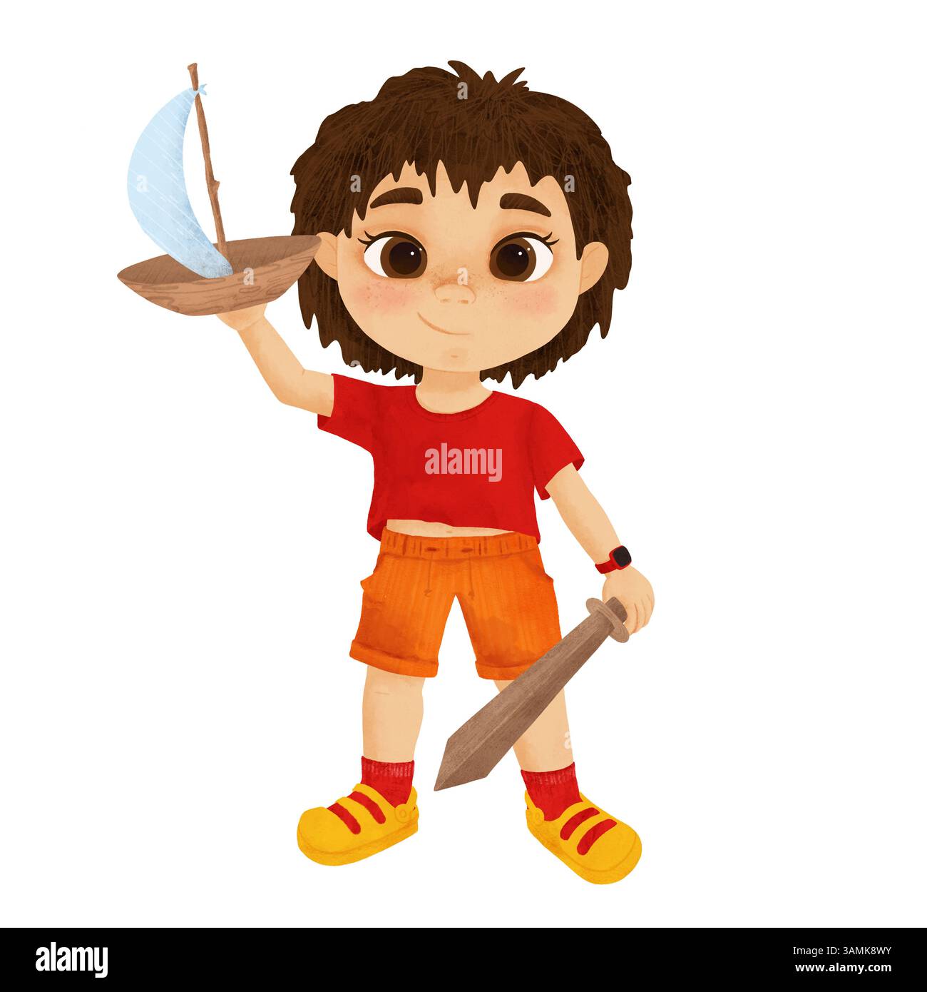 Baby Junge, Kind, Zeichentrickfigur mit Holzschwert und Booten in der Hand, handgemachte digitale Illustration auf weißem Hintergrund. Ein Element für den Stockfoto