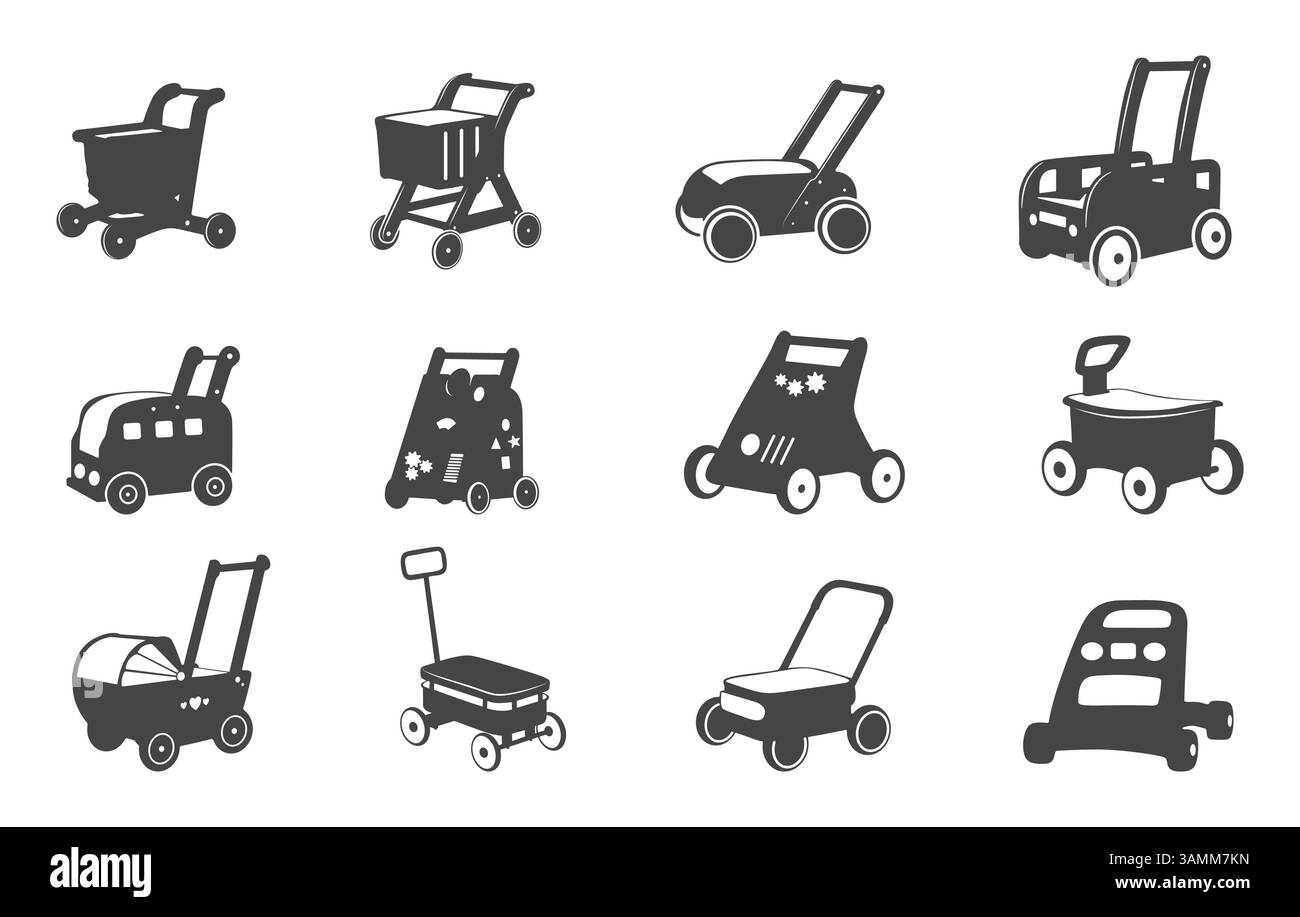 Baby Push Walker Vektoren, Baby Push Walker Silhouette, Push Walker Set, Push Walker Silhouette, Push Walker Vektor. Stock Vektor