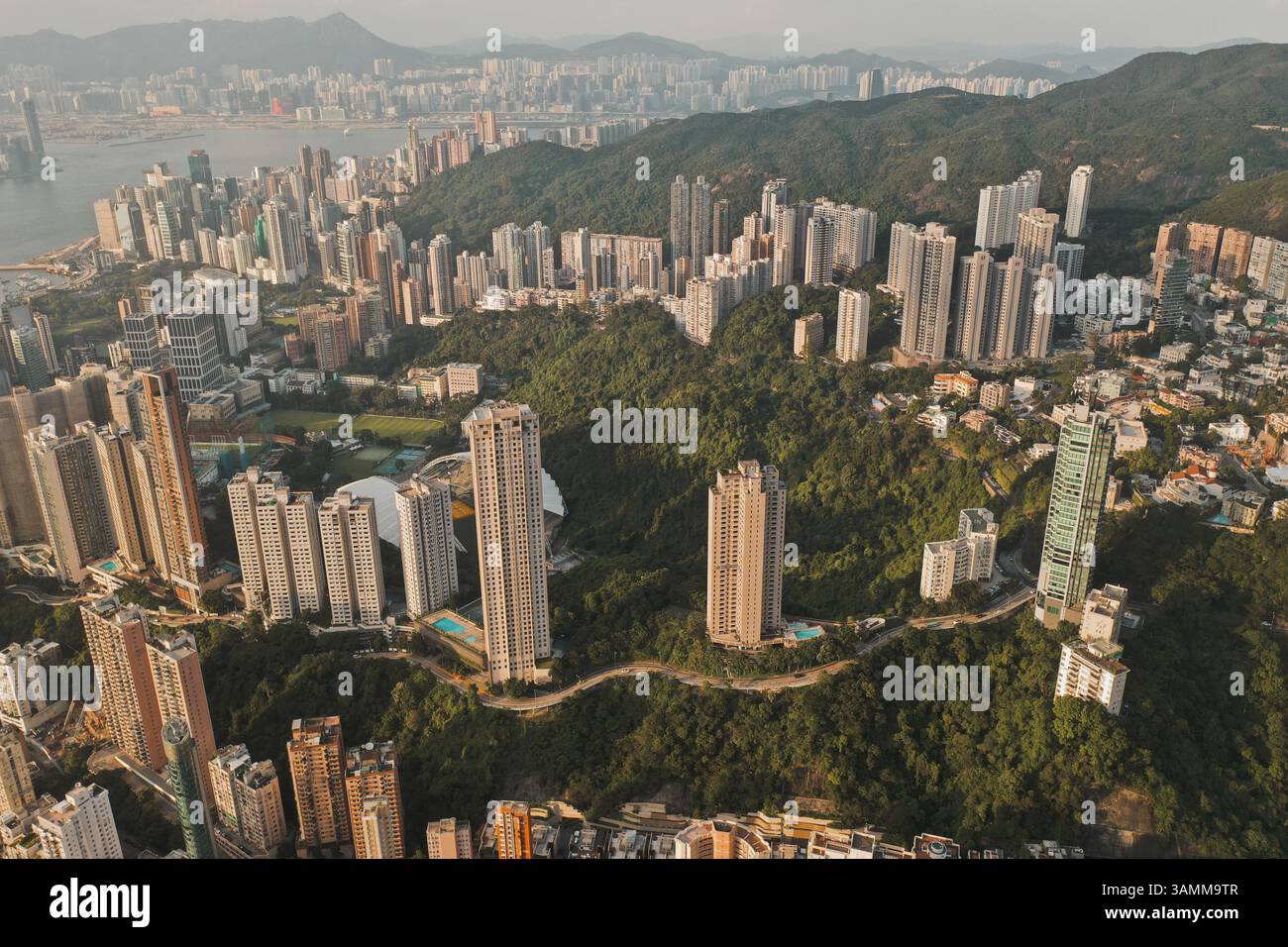 Blick aus der Vogelperspektive auf Hongkongs Skyline mit farbenfrohen, hochaufragenden Apartments, Hongkong. Stockfoto