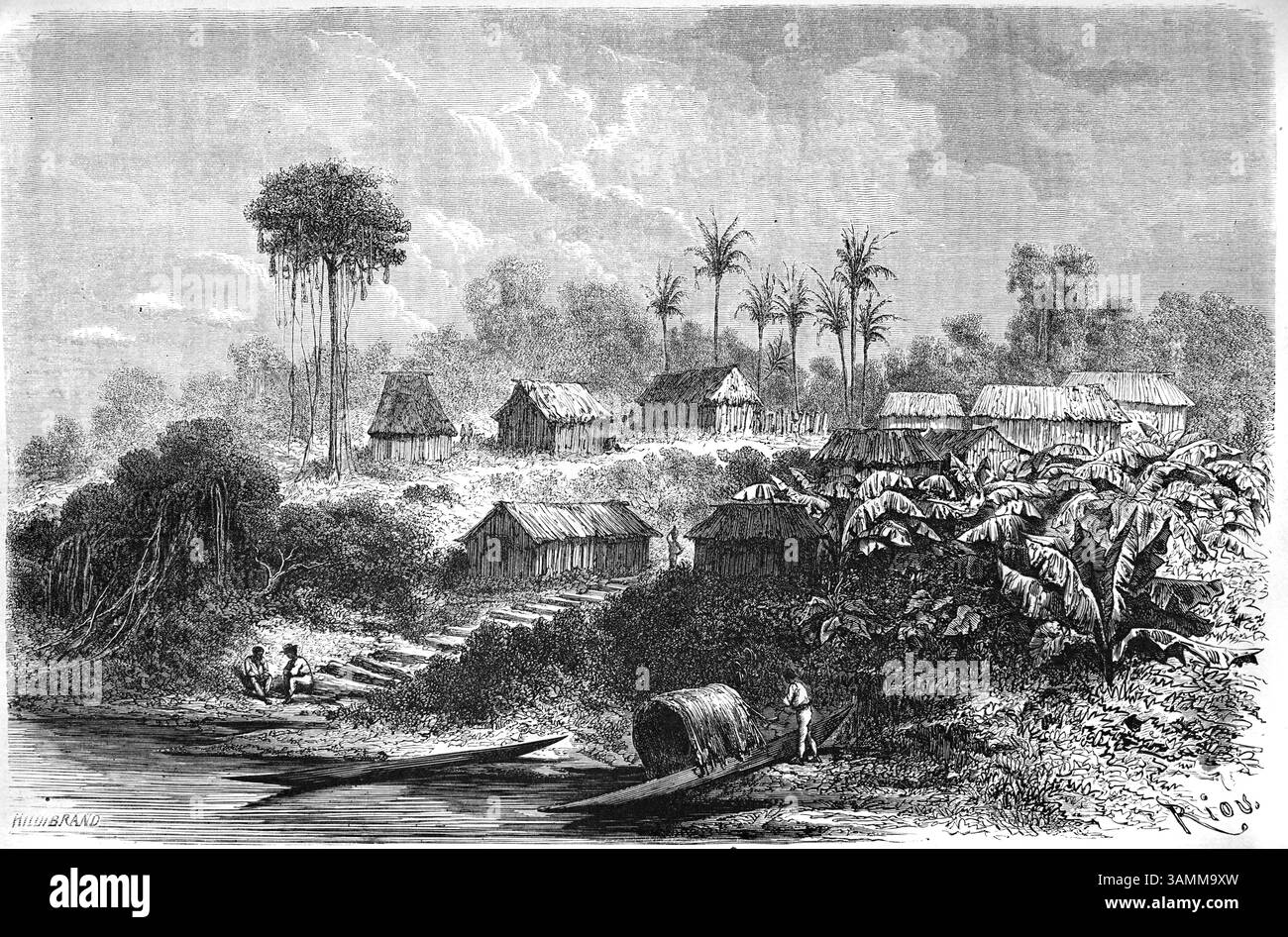 Early View of Pucallpa (1840er Jahre besiedelt) am Ufer des Ucayali River, einem Nebenfluss des Amazonas, im peruanischen Amazonas Peru Südamerika. Vintage oder historische Gravur oder Illustration 1866 Stockfoto