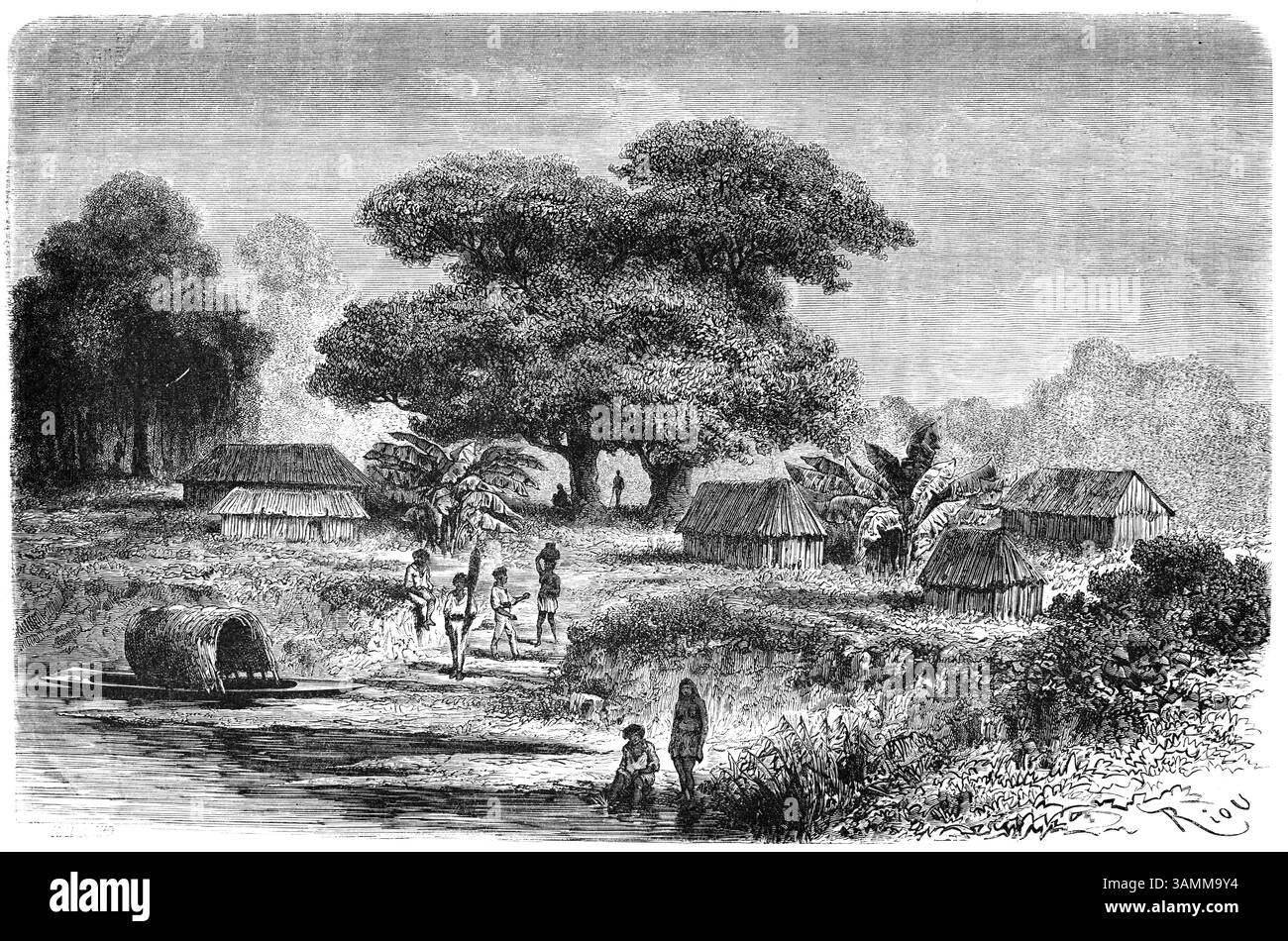 Early View of Bellavista am Ufer des Huallaga River, einem Nebenfluss des Maranon River, im peruanischen Amazonas Peru Südamerika. Vintage oder historische Gravur oder Illustration 1866 Stockfoto