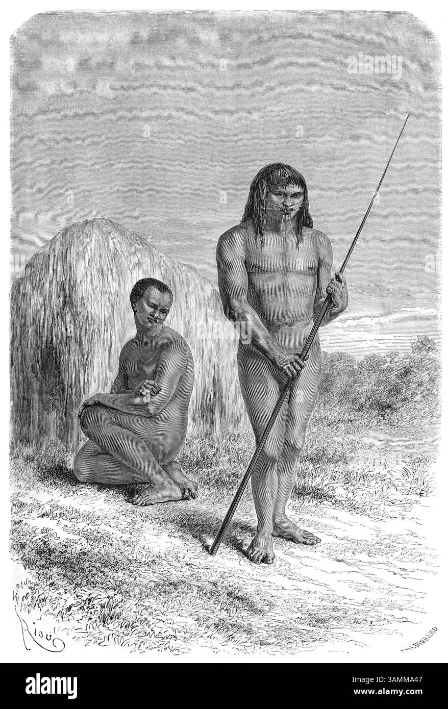 Marahua- oder Marahuas-Indianer, Indianer, Ureinwohner oder ethnische Völker aus Peru im Amazonasbecken in Südamerika. Vintage oder historische Illustration oder Gravur 1866 Stockfoto