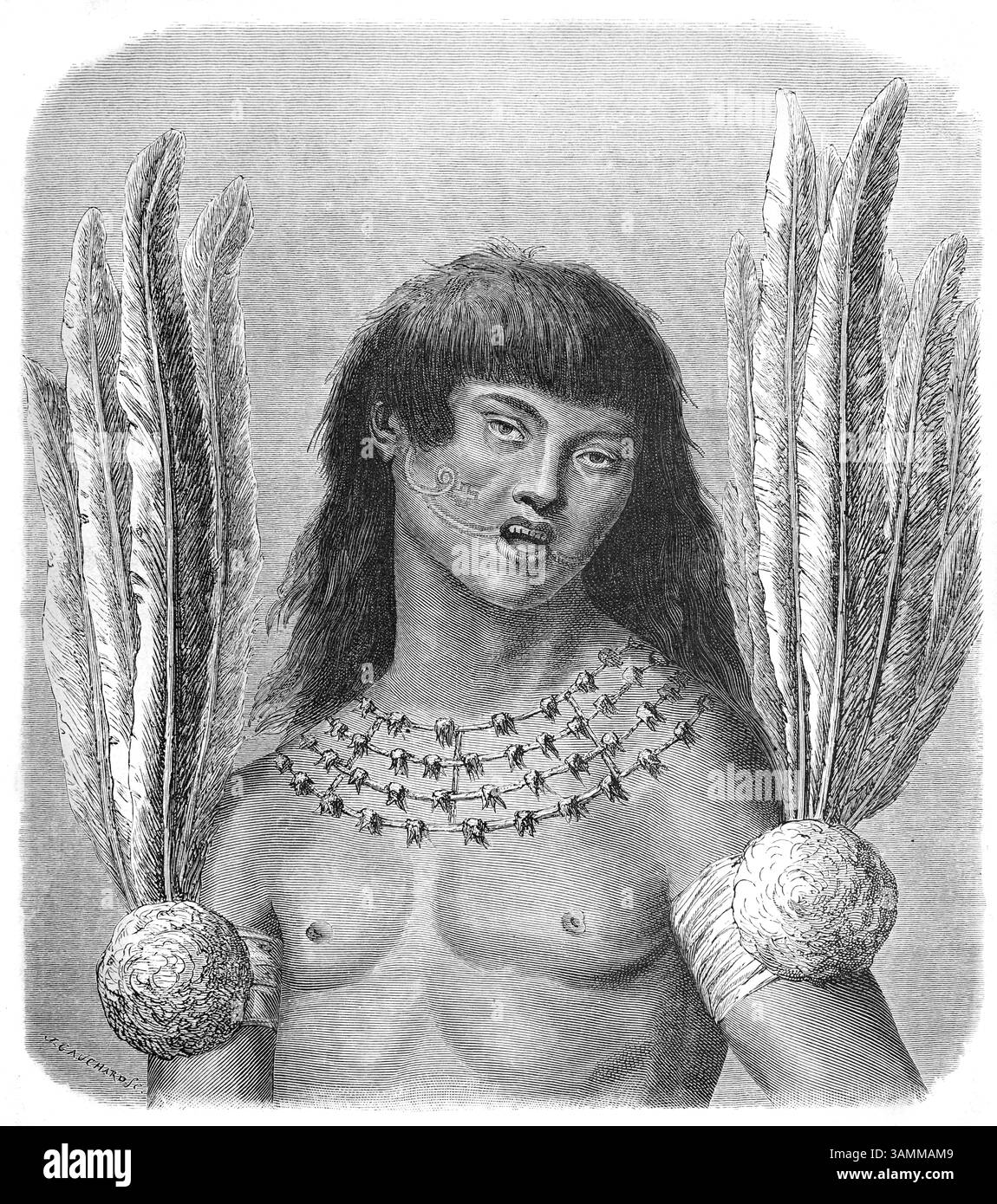 Ticuna-Indianer, Ureinwohner, indigene oder ethnische Völker aus Brasilien, Kolumbien und Peru in der Amazonasbeckenregion Südamerikas. Er trägt Körperschmuck und Federschmuck. Vintage oder historische Illustration oder Gravur 1866 Stockfoto