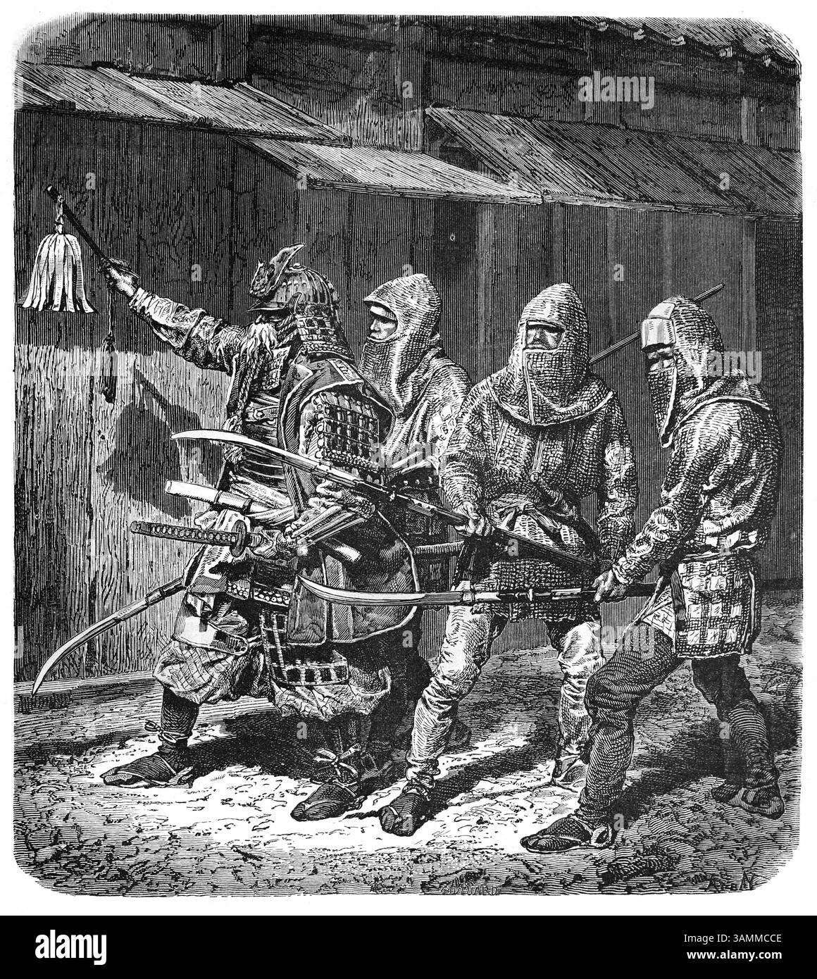 Japanische Offiziere, Soldaten und Bogenschützen der Japanischen Armee, gekleidet für die Schlacht in Kettenpost und Rüstung oder Rüstung während des japanischen Bürgerkriegs oder Bürgerkriegs des 13. Japans. Vintage oder historisch Stockfoto
