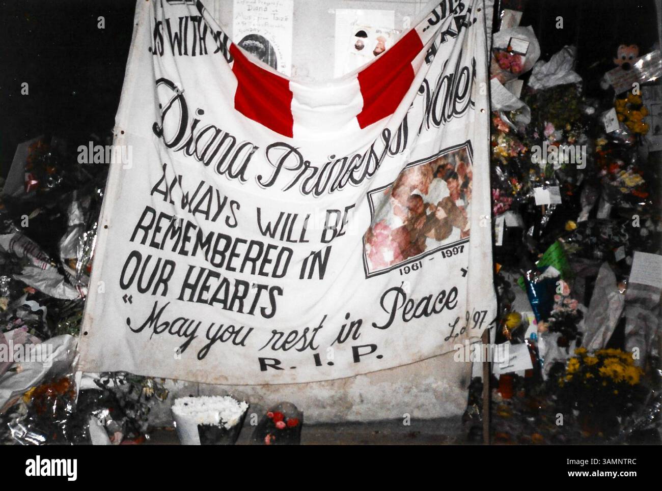 Tribut an Diana, Prinzessin von Wales, in Kensington Gardens nach ihrem Tod im September 1997. In unseren Herzen wird man sich immer erinnern, möge ihr in Frieden ruhen, RIP, Banner Stockfoto