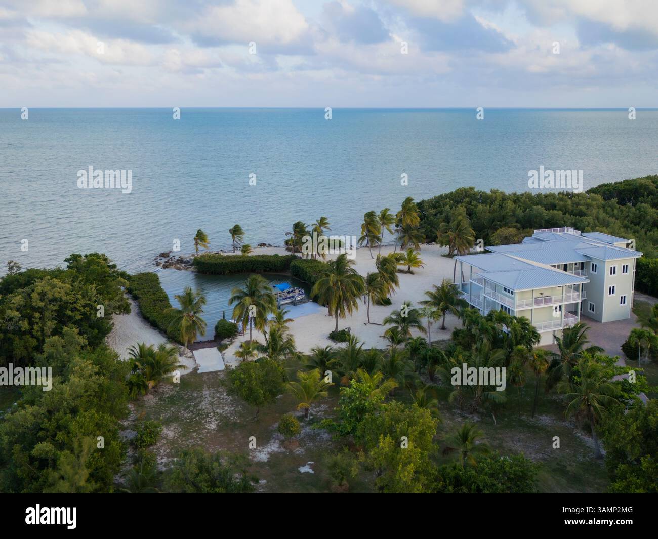 Aus der Vogelperspektive auf Häuser, Atlantik und Bäume in Islamorada, Florida, USA. Stockfoto