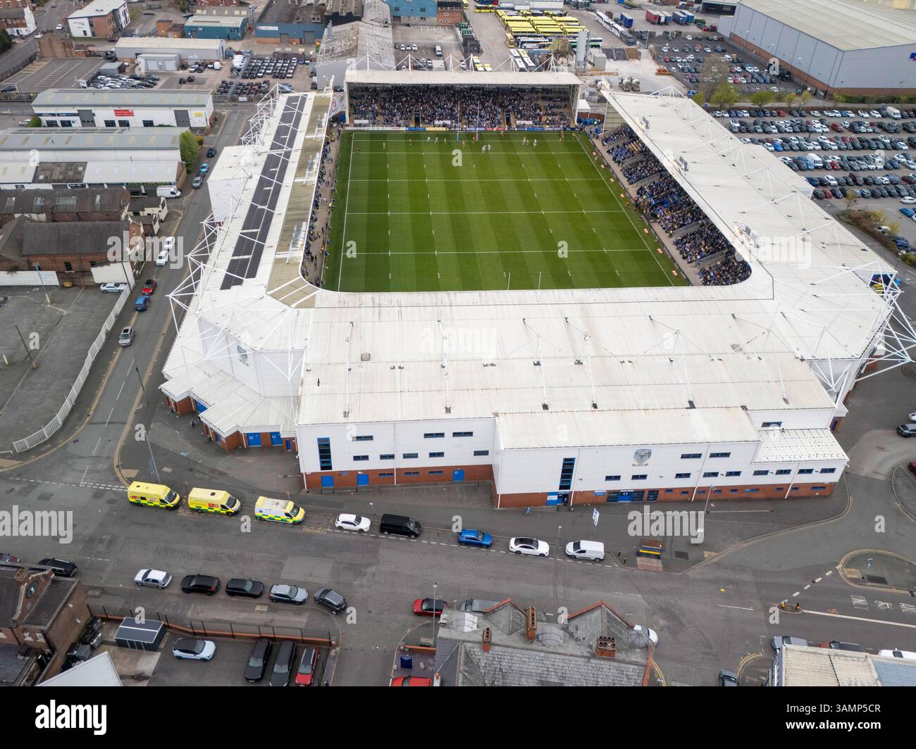 Luftbild des Halliwell Jones Stadions in Warrington, Großbritannien Stockfoto