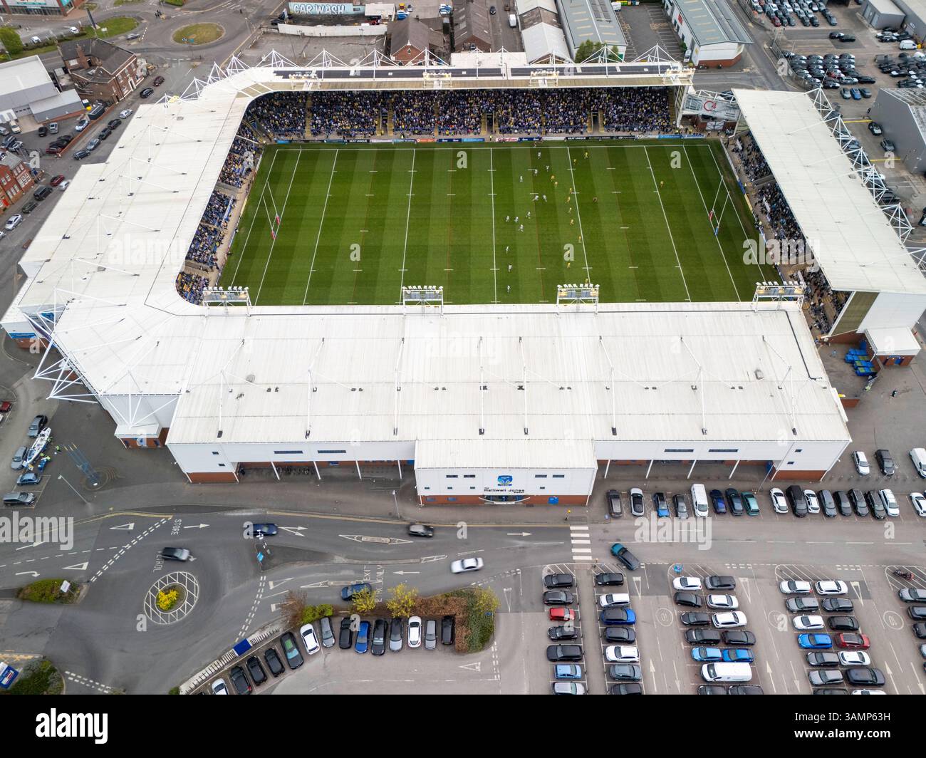 Luftbild des Halliwell Jones Stadions in Warrington, Großbritannien Stockfoto