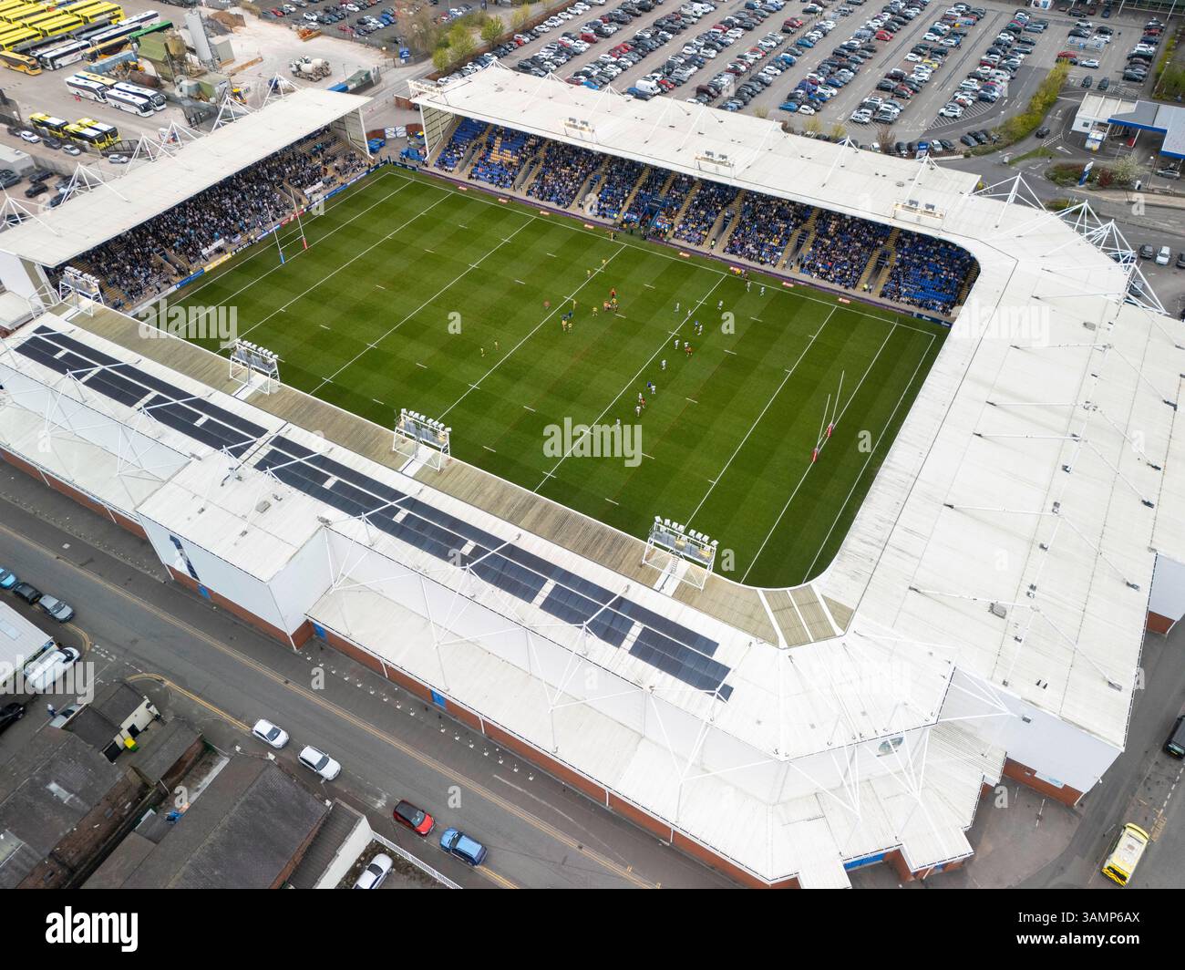 Luftbild des Halliwell Jones Stadions in Warrington, Großbritannien Stockfoto