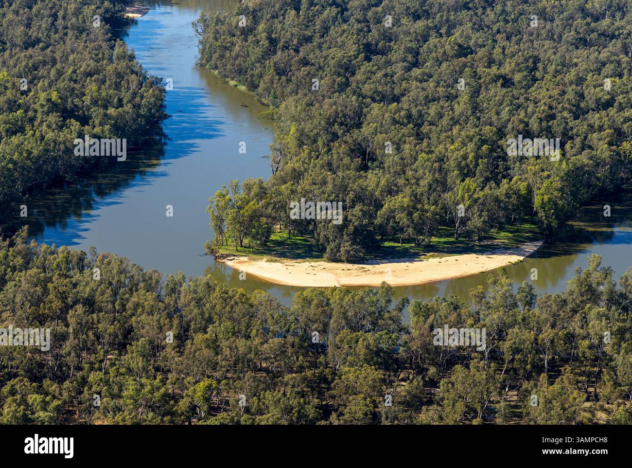 Blick aus der Vogelperspektive auf den sich schlängelnden Fluss, umgeben von üppigen Bäumen in der ruhigen Wildnis, Boomanoomana, Australien. Stockfoto