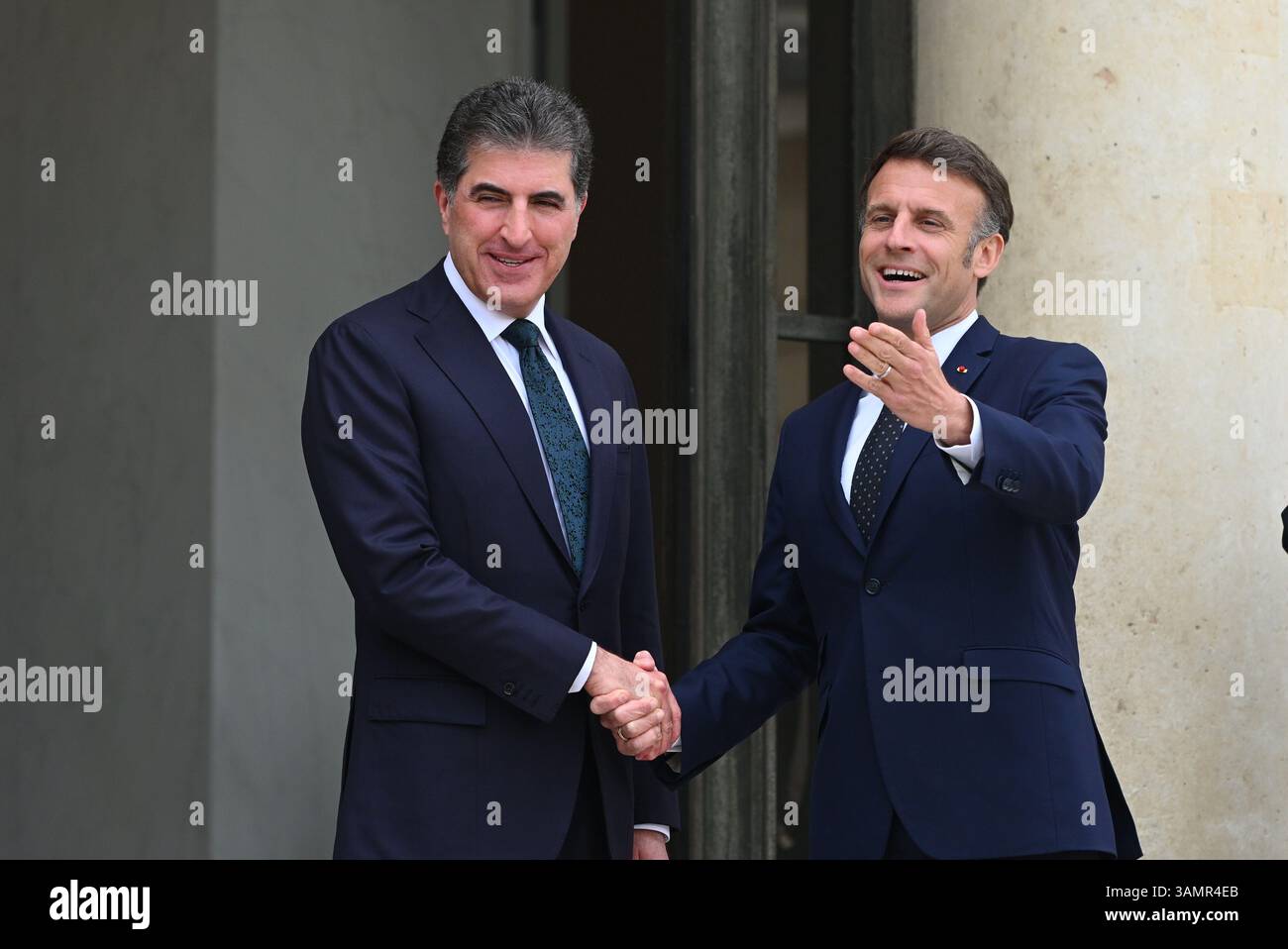 Paris, Frankreich. April 2025. Der Präsident der Republik, Emmanuel Macron, empfing am 14. April 2025 den Präsidenten der Regionalregierung Kurdistans des Irak, Herrn Nechirvan Barzani, zum Mittagessen im Elysee-Palast. - 14/04/2025 - Frankreich/Ile-de-France (Region)/Paris - Julien Mattia/Le Pictorium Credit: LE PICTORIUM/Alamy Live News Stockfoto