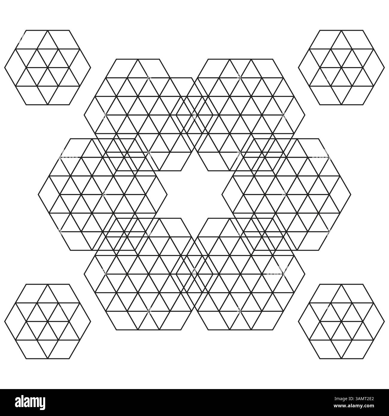 Sechseckiges Sternmuster. Verriegeltes Dreiecksraster. Abstrakte Vektorstruktur. Symmetrische Netzform. Stock Vektor