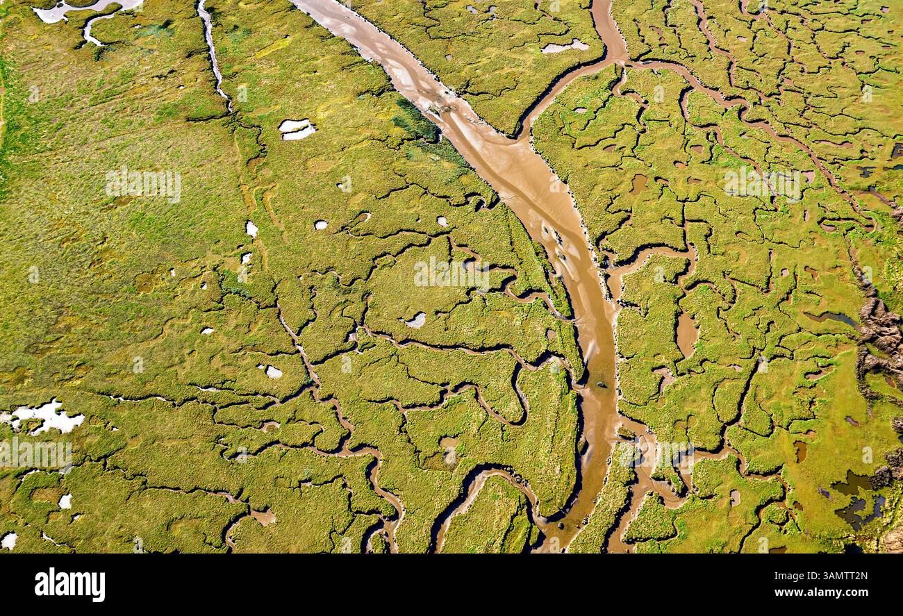 Luftaufnahme des sich windenden Flusses durch Sumpfgebiete und Feuchtgebiete, Tynninghame, East Lothian, Schottland. Stockfoto