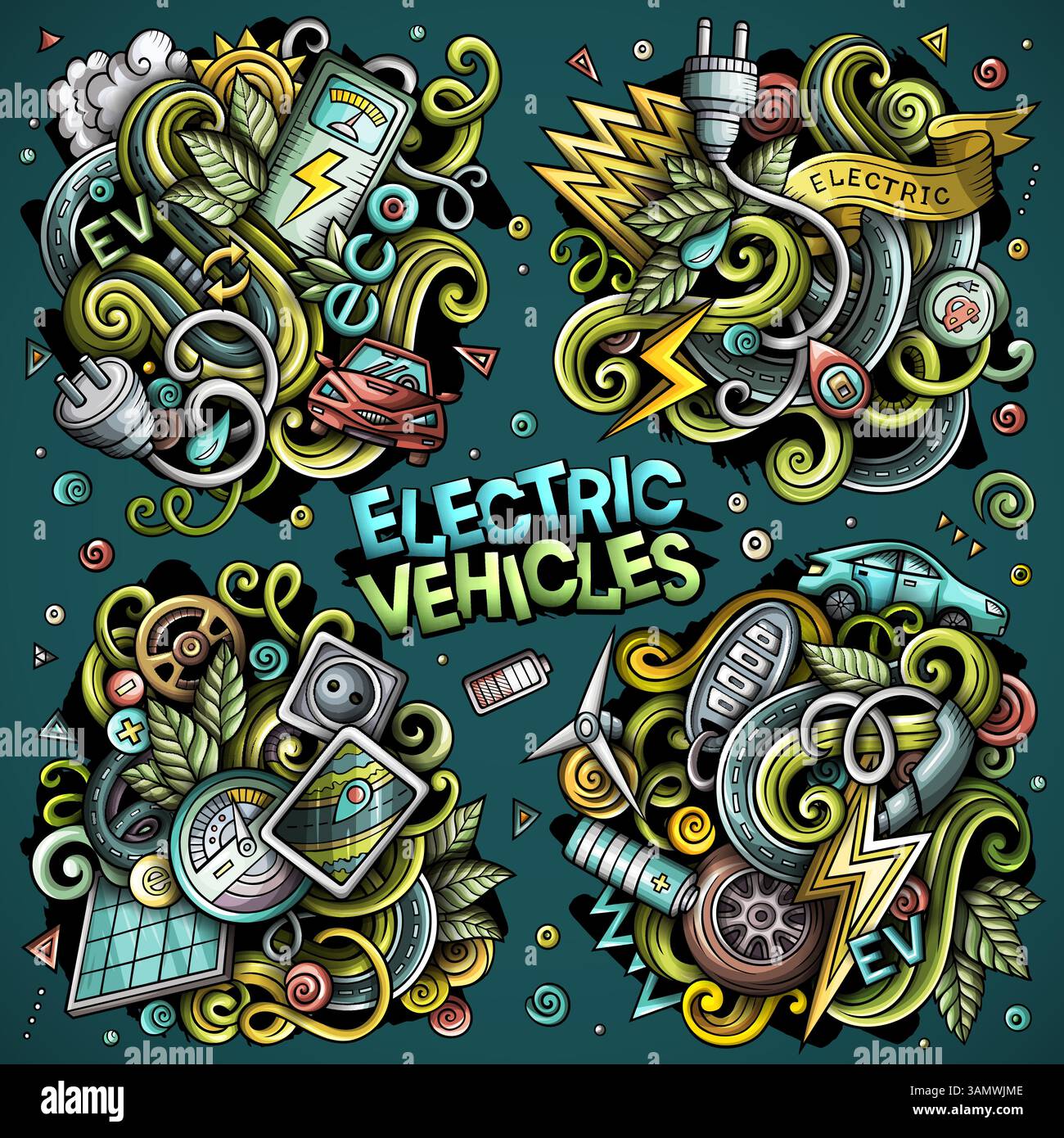 Elektrofahrzeuge Cartoon Vektor Kritzelentwürfe Set. Farbenfrohe, detailreiche Kompositionen mit vielen EVObjects und Symbolen Stock Vektor
