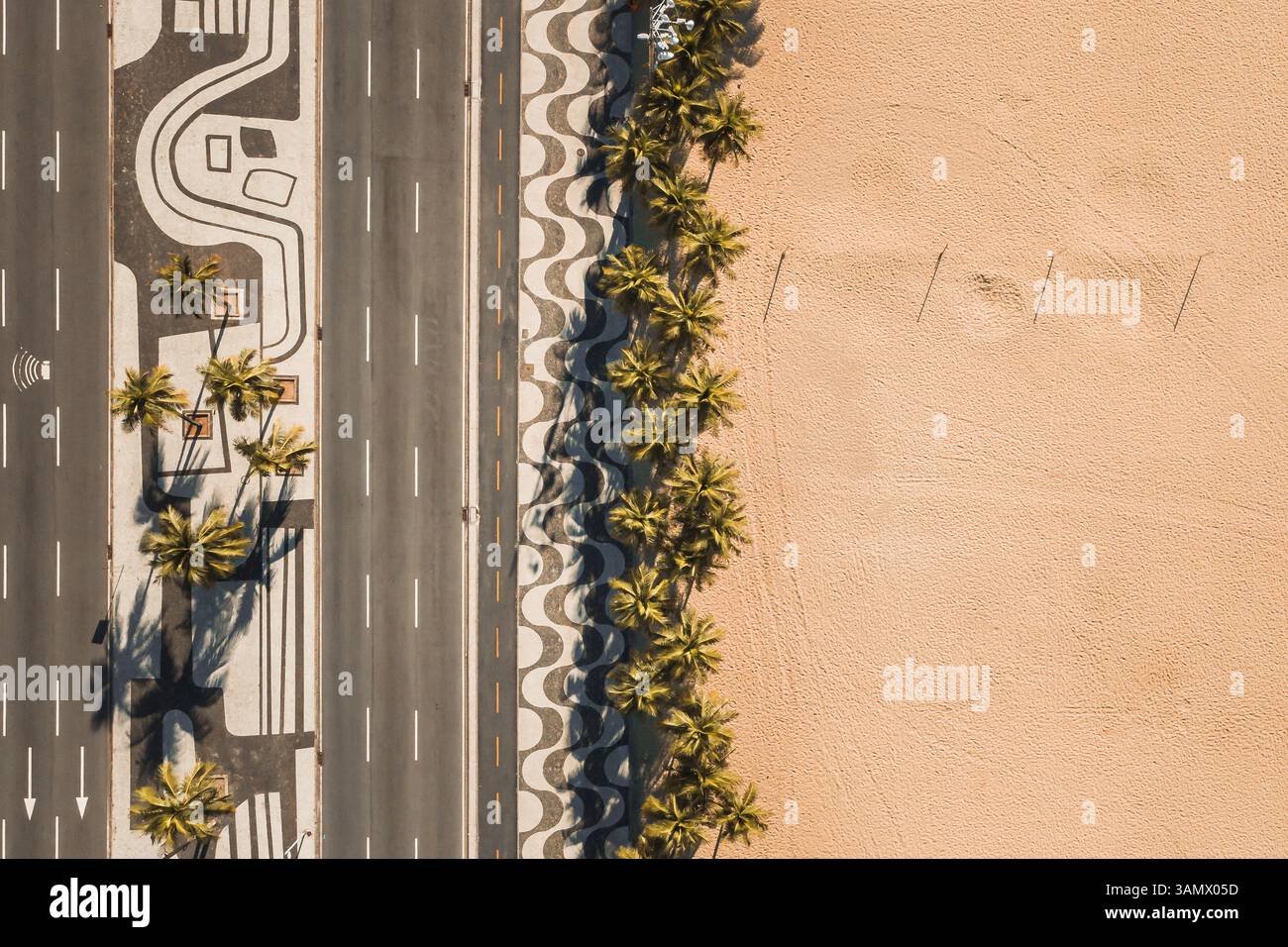 Blick Von Oben Nach Unten Auf Palmen Am Leeren Copacabana Beach, Neben Dem Berühmten Mosaic Gehweg Und Der Avenida Atlantica Road, Während Der Coronavirus Lockdown Stockfoto
