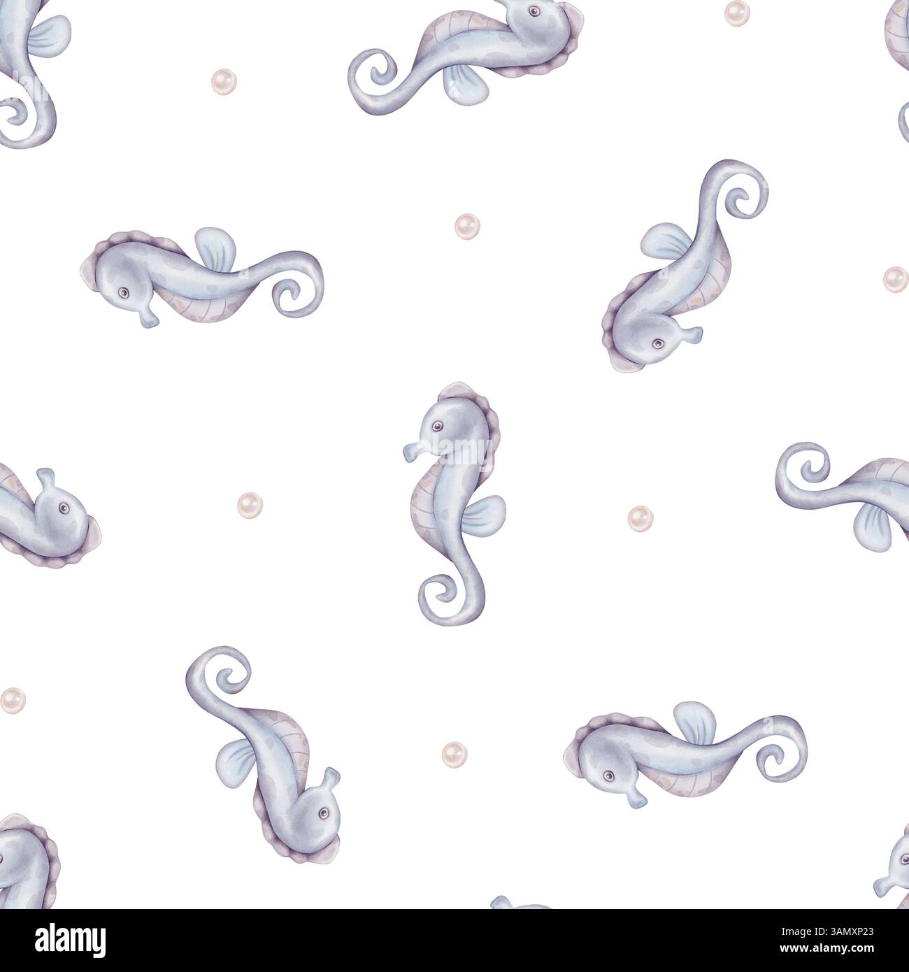 Aquarellnahtloses Muster von Illustrationen von Seepferdchen und Perle auf isoliertem. Handgezeichnetes Seepferd in blauvioletter Pastellfarbe. Verzierung wiederholen Stockfoto