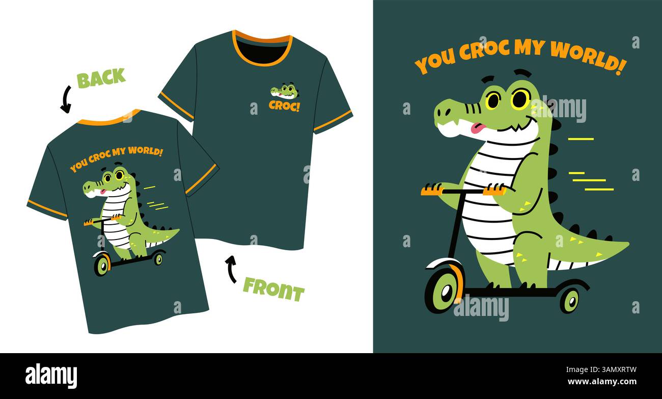 Alligator-T-Shirt. Kindermotiv mit lustigem Krokodilfahrtroller, modischem Design, Comic Reptil, Tierfigur, kindlichem T-Shirt-Motiv Stock Vektor