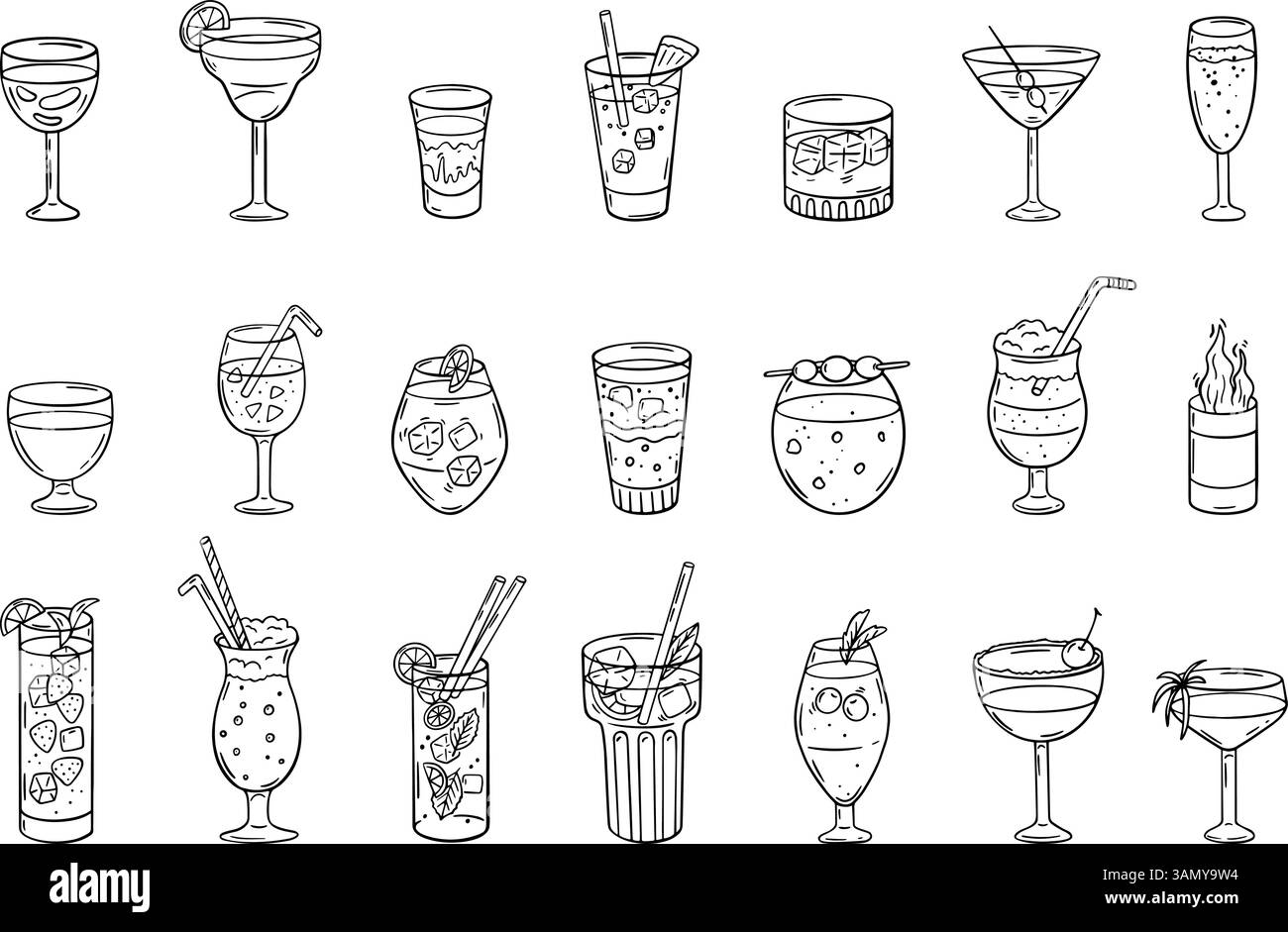 Kritzeln Sie alkoholische Cocktails. Partycocktail mit Eiswürfeln aus Früchten und Beeren. Bar Café Restaurant Nachtklubgetränke, festliche Getränke für Erwachsene, neoterische Getränke Stock Vektor