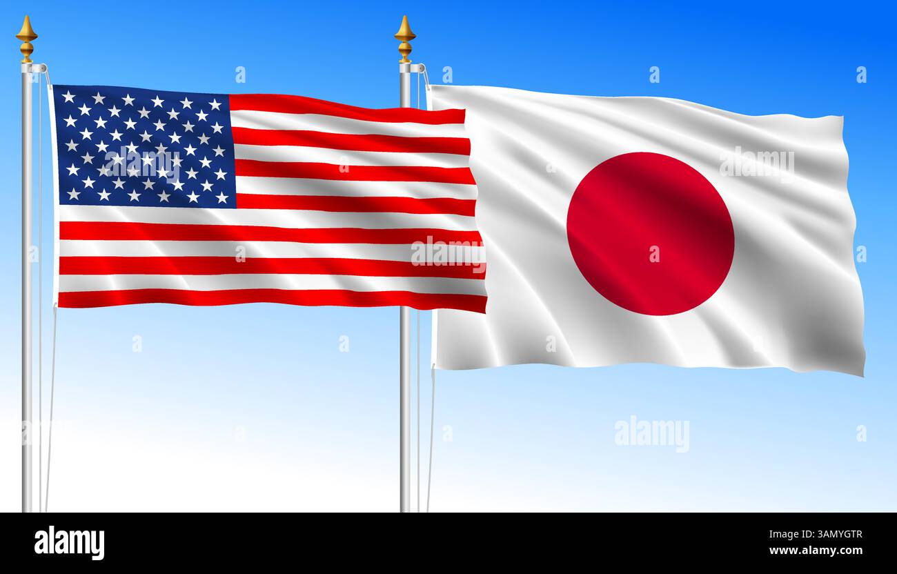 Vereinigte Staaten gegen Japan, Flaggen auf himmelblauem Hintergrund schwenken, Vektorillustration Stock Vektor