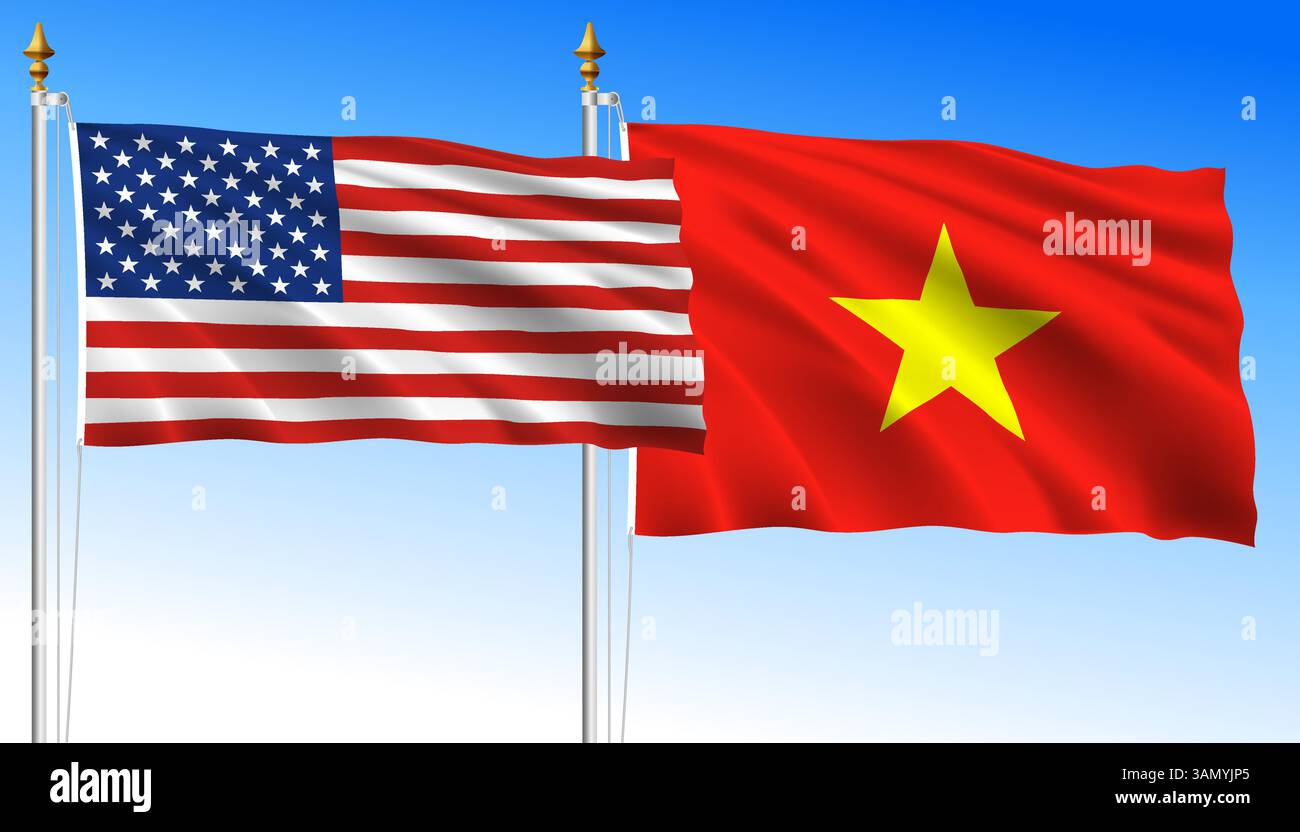 Vereinigte Staaten gegen Vietnam, Flaggen auf himmelblauem Hintergrund schwenken, Vektorillustration Stock Vektor
