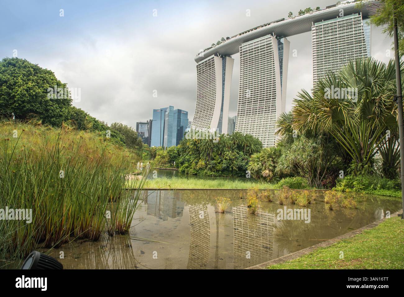Ein Blick auf das Marina Bay Sands Hotel spiegelt sich in einem ornamentalen Teich in den Gardens by the Bay, Singapur, Südostasien Stockfoto