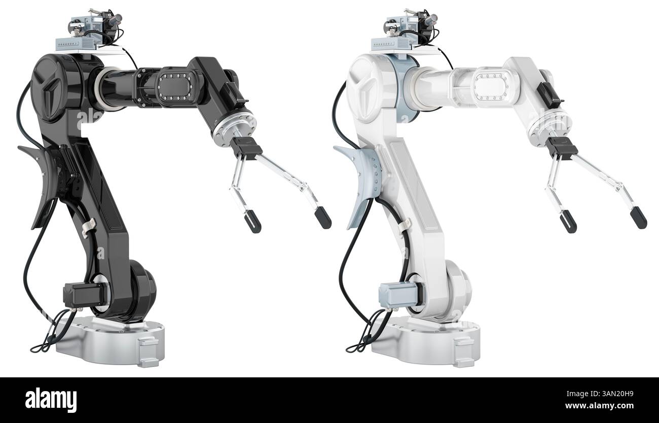 Roboterarme, 3D-Rendering isoliert auf weißem Hintergrund Stockfoto