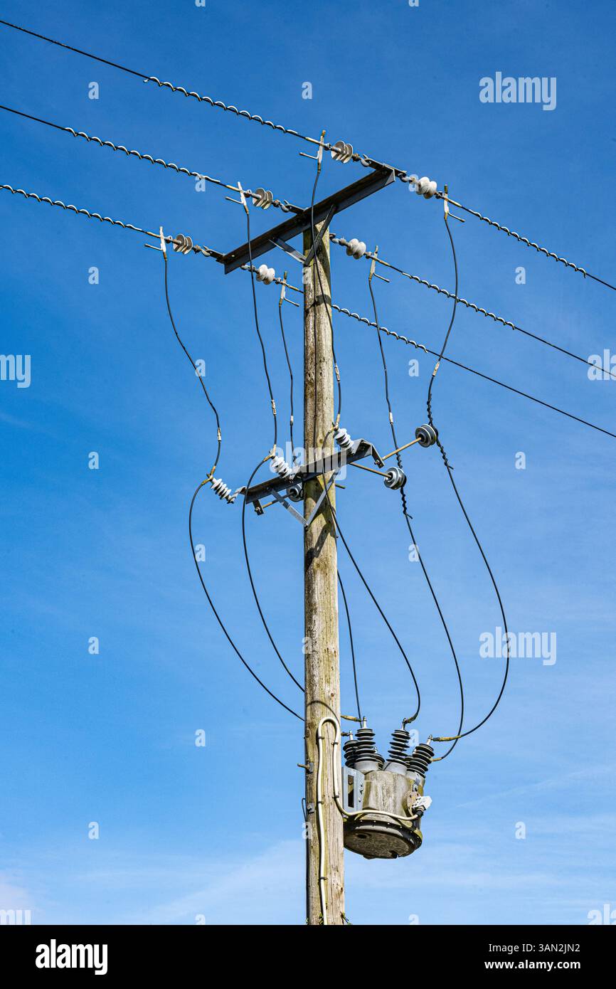 Eine Freilandstromleitung an einem Holzmast des Stromnetzes. Alresford, Hampshire, Großbritannien Stockfoto