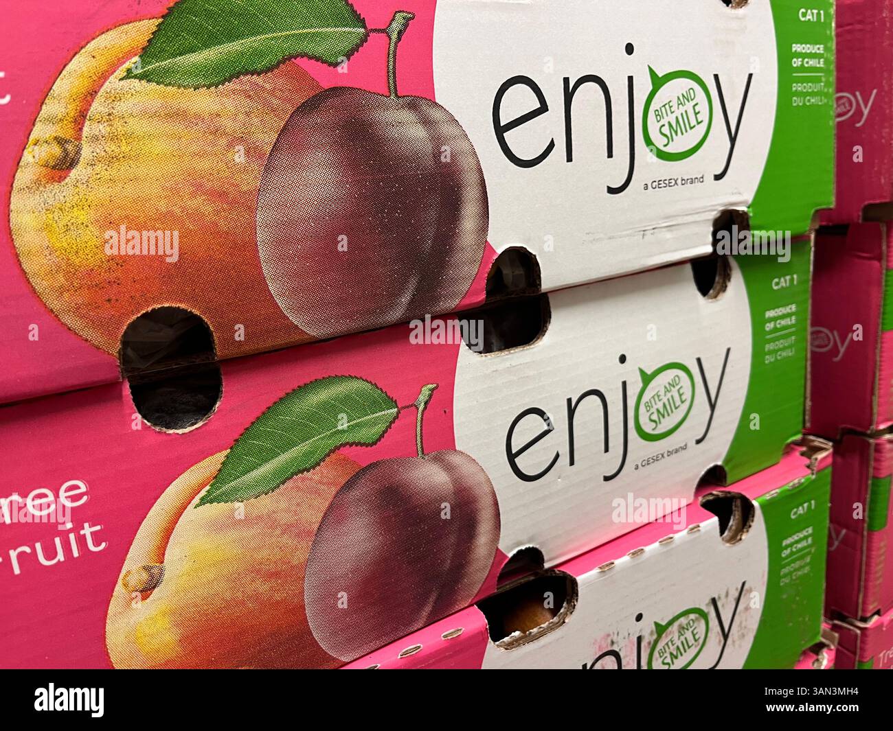 Mit Pflaumen und Nektarinen gefüllte „Enjoy“-Kartonschachteln mit Markenbezeichnung, verkaufsfertig, Großhandel, Obstmarkt, Lebensmittelversorgung, Logistik Stockfoto