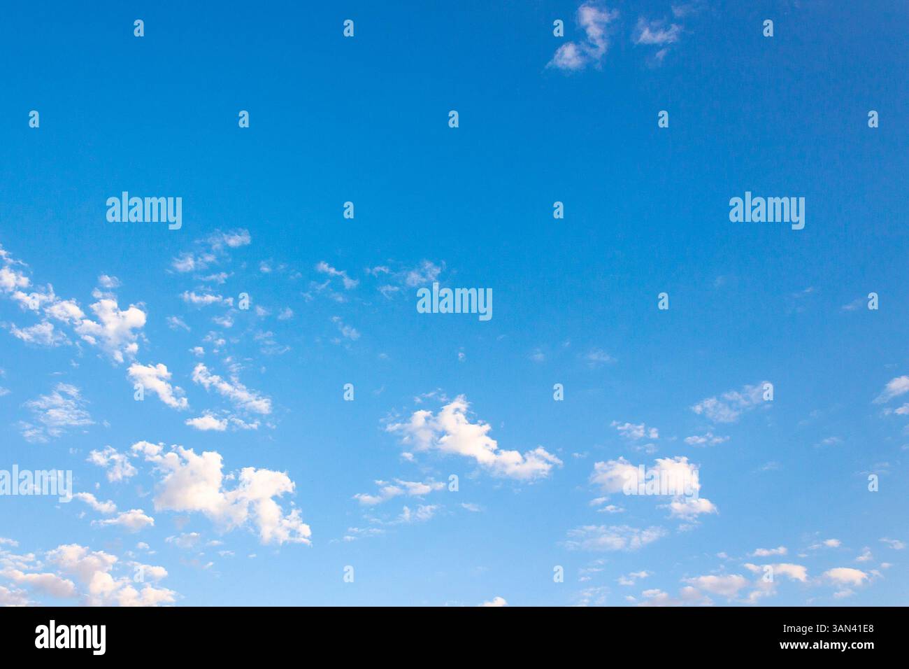 Blauer Himmel mit Wolken an einem sonnigen augustmorgen. Flauschige Formationen bei hellem Wetter. Verstreute Vielfalt Overhead. Blaue Naturkulisse im Morgenlicht Stockfoto