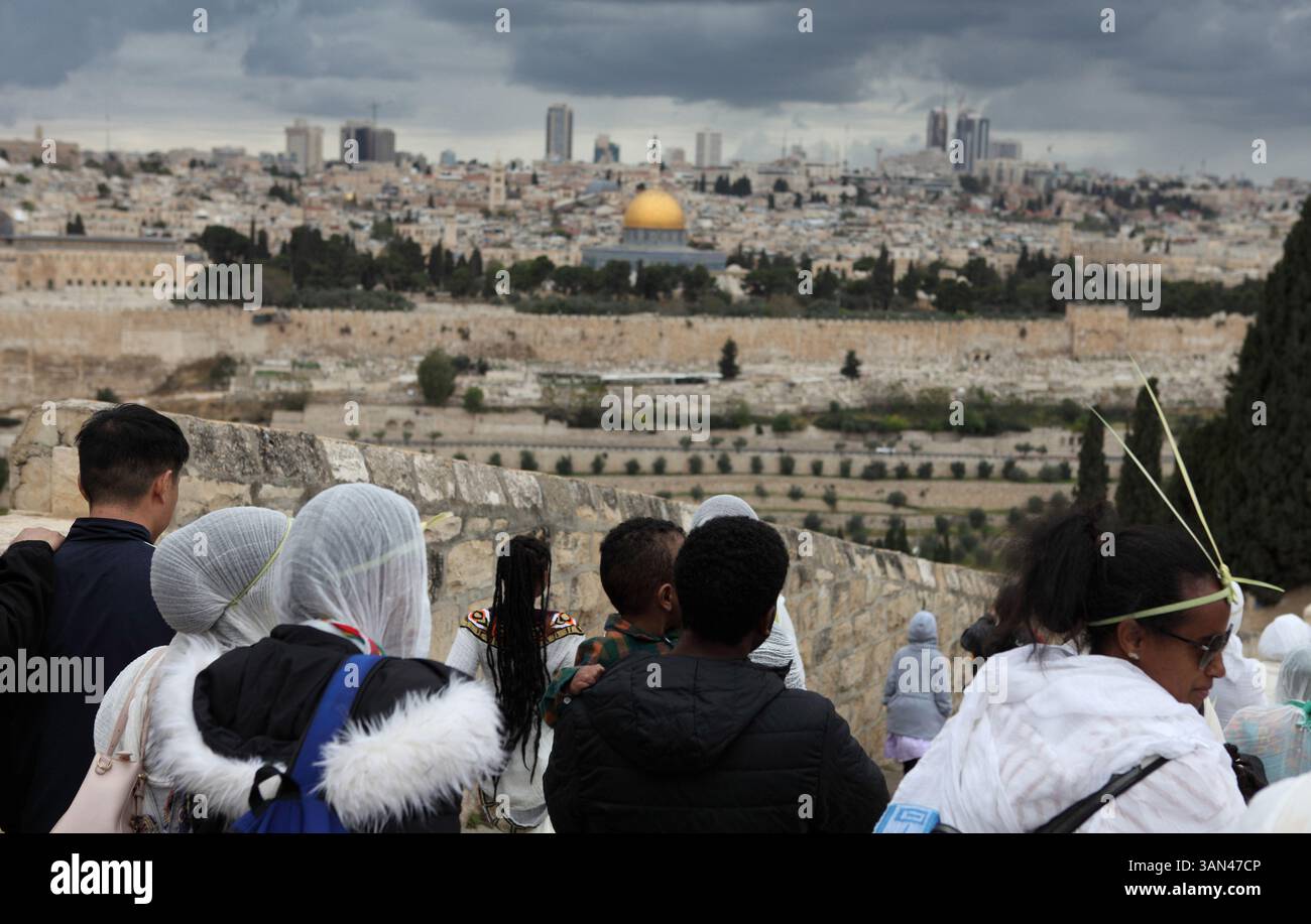 Palmensonntagsprozession, äthiopische christliche Pilger gehen vom Mt. Oliven zum Gedenken an Christi Ritt nach Jerusalem, den Felsendom im Rücken. Stockfoto