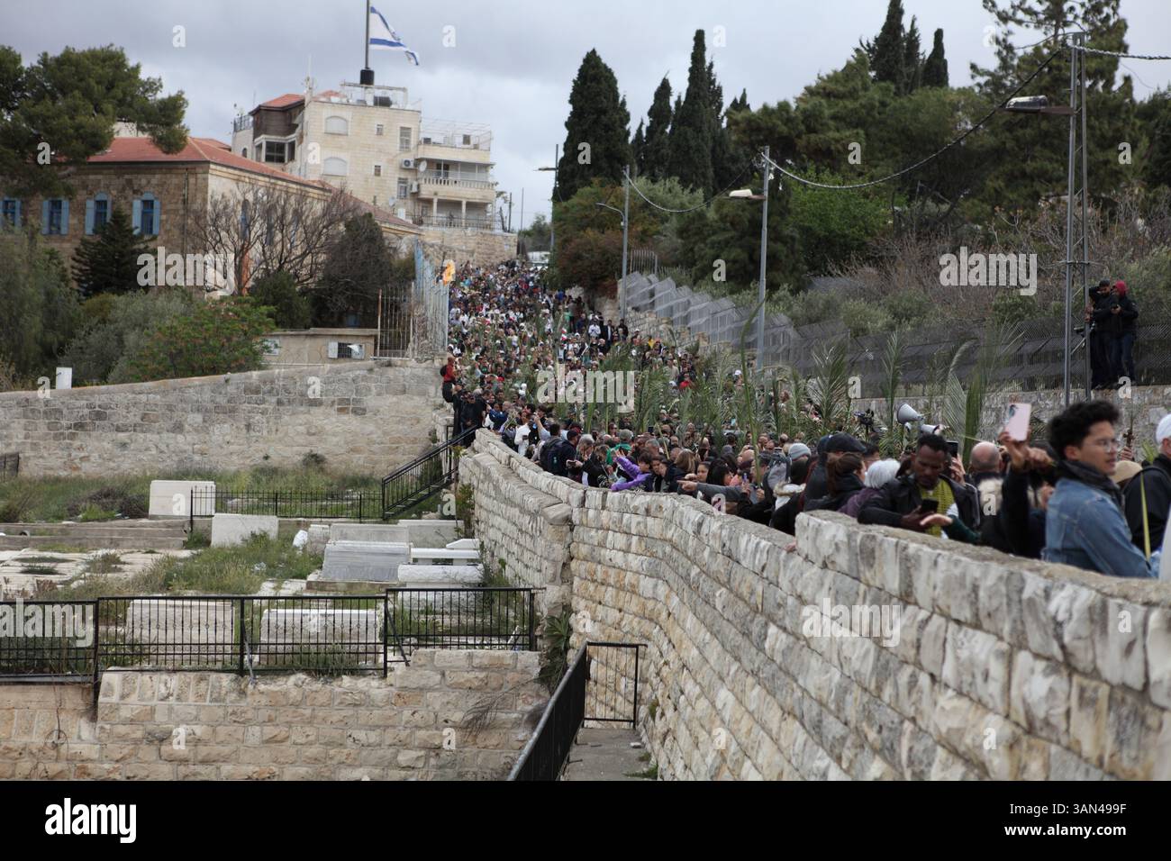 Christliche Pilger in der ganzen Welt singen und beten, während sie auf dem Mt. Oliven in einer Palmensonntagsprozession mit Palmenwedel und Olivenbaumzweigen. Stockfoto