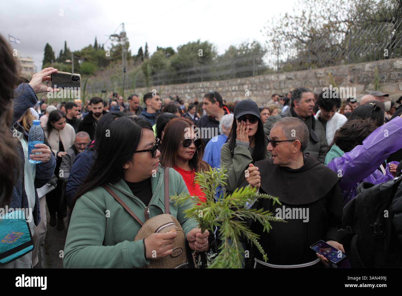 Christliche Pilger in der ganzen Welt singen und beten, während sie auf dem Mt. Oliven in einer Palmensonntagsprozession mit Palmenwedel und Olivenbaumzweigen. Stockfoto