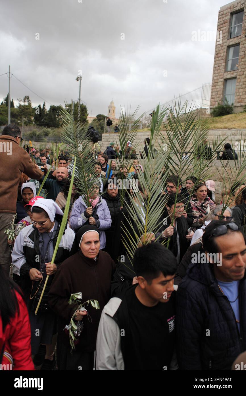 Christliche Pilger in der ganzen Welt singen und beten, während sie auf dem Mt. Oliven in einer Palmensonntagsprozession mit Palmenwedel und Olivenbaumzweigen. Stockfoto