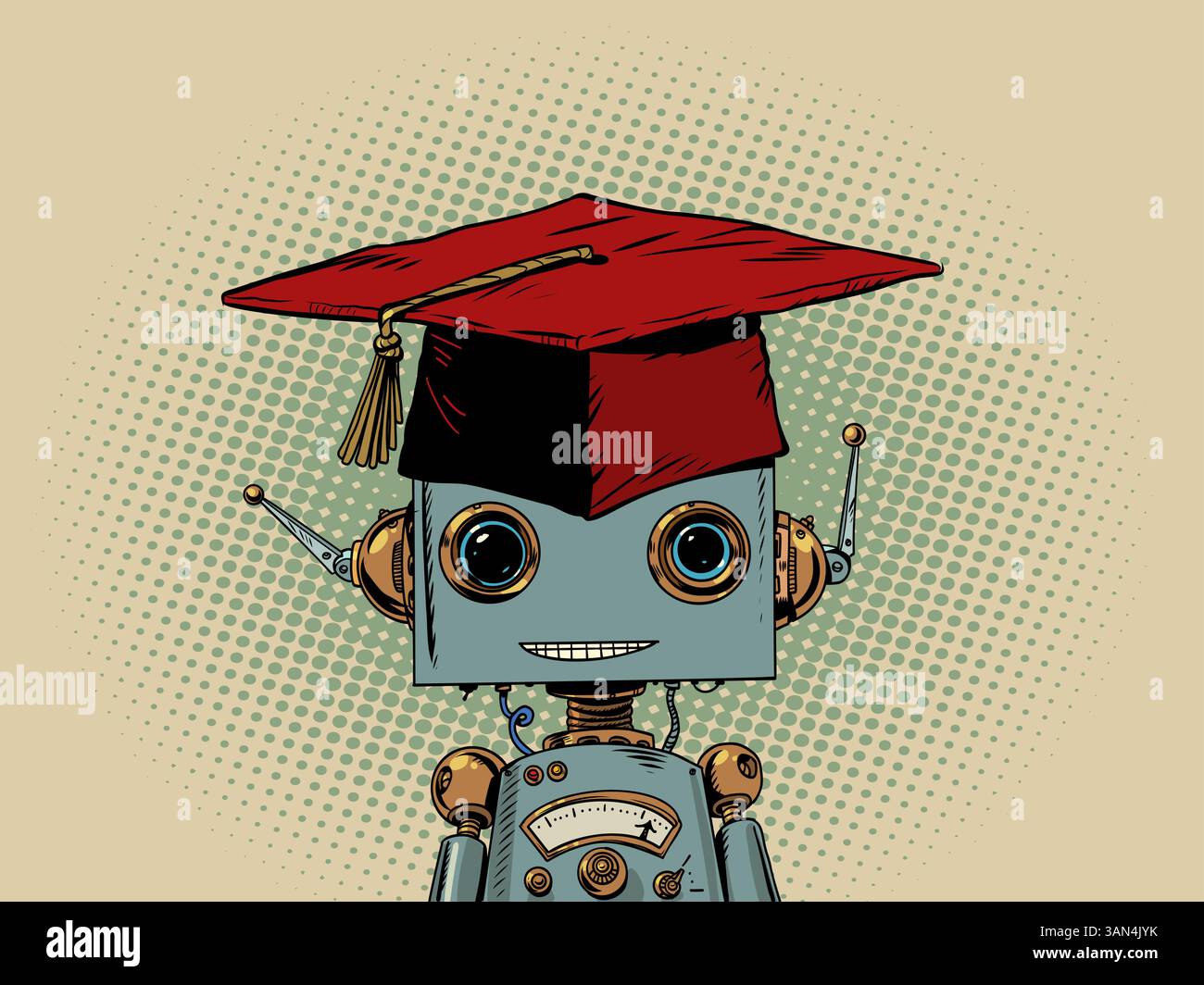 Vermittlung von KI-Wissen. Roboter mit Studentenmütze, Professorenhut. Rotes Diplom und Konkurrenz mit künstlicher Intelligenz. Stock Vektor