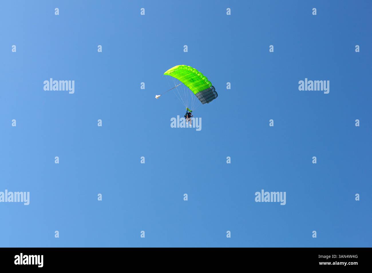 Bovec, Slowenien - 17. Juli 2025: Ein Paraglider mit grünem Fallschirm steigt mit blauem Himmel im Hintergrund nach Kanin, Slowenien, ab. Stockfoto