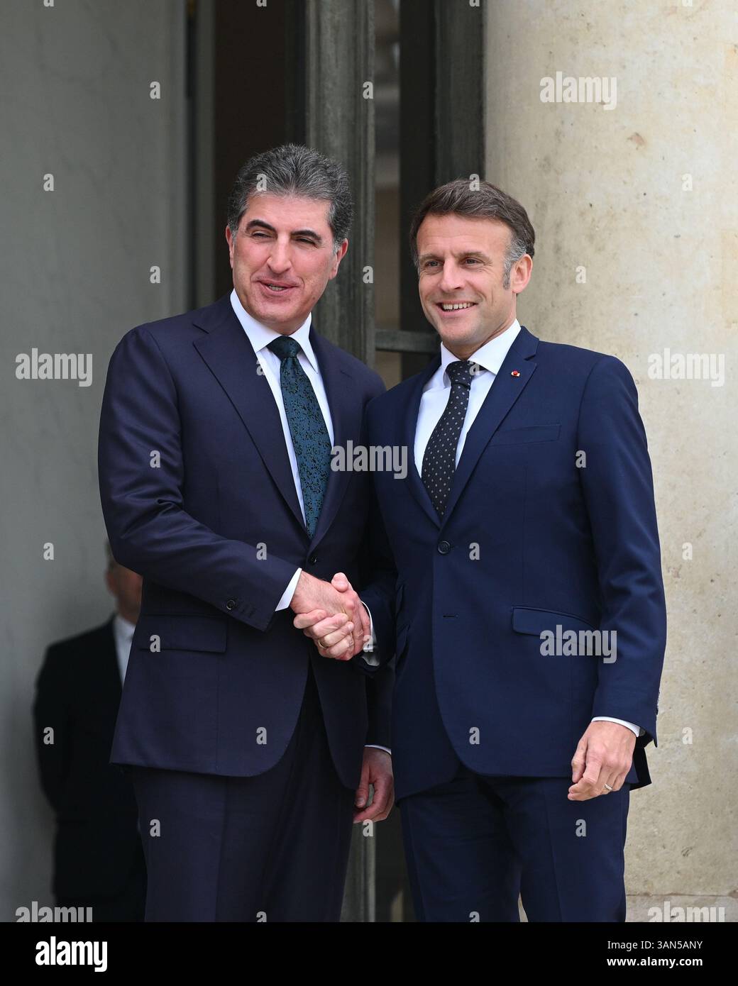 Paris, Frankreich. April 2025. Der Präsident der Republik, Emmanuel Macron, empfing am 14. April 2025 den Präsidenten der autonomen Region Irakisch-Kurdistan, Netchirvan Barzani, zu einem Arbeitsessen im Elysee-Palast. - 14/04/2025 - Frankreich/Ile-de-France (Region)/Paris - Julien Mattia/Le Pictorium Credit: LE PICTORIUM/Alamy Live News Stockfoto