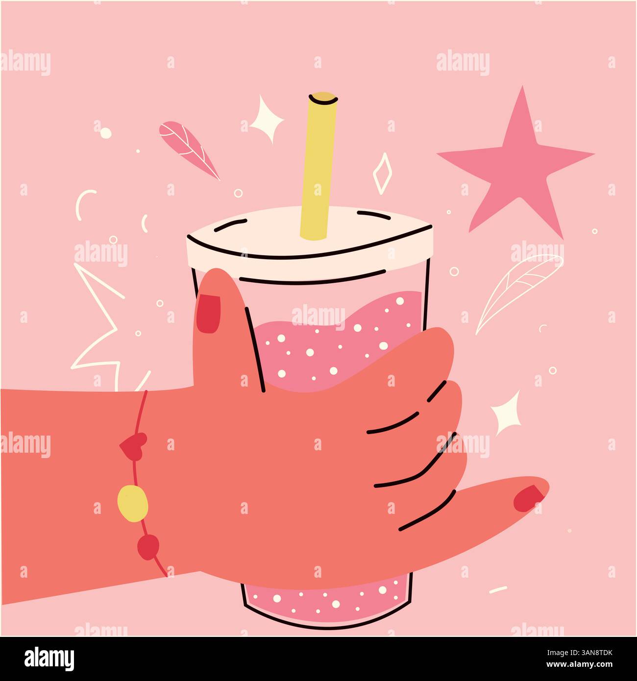 Die Hand hält eine pinkfarbene Wasserblase-Teetasse mit einem lustigen Strohhalm und einer farbenfrohen flachen Illustration, ideal für Getränke, Sommer- oder Lifestyle-Themen Stock Vektor