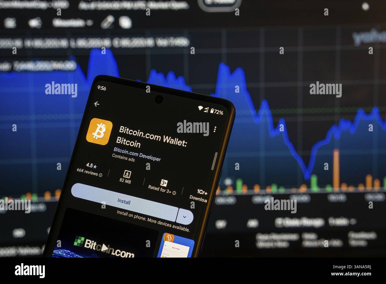 Dhaka, Bangladesch 08. März 2025: Installationsbildschirm der Bitcoin Wallet-App auf einem Smartphone und der Finanzmarktplan im Hintergrund Stockfoto