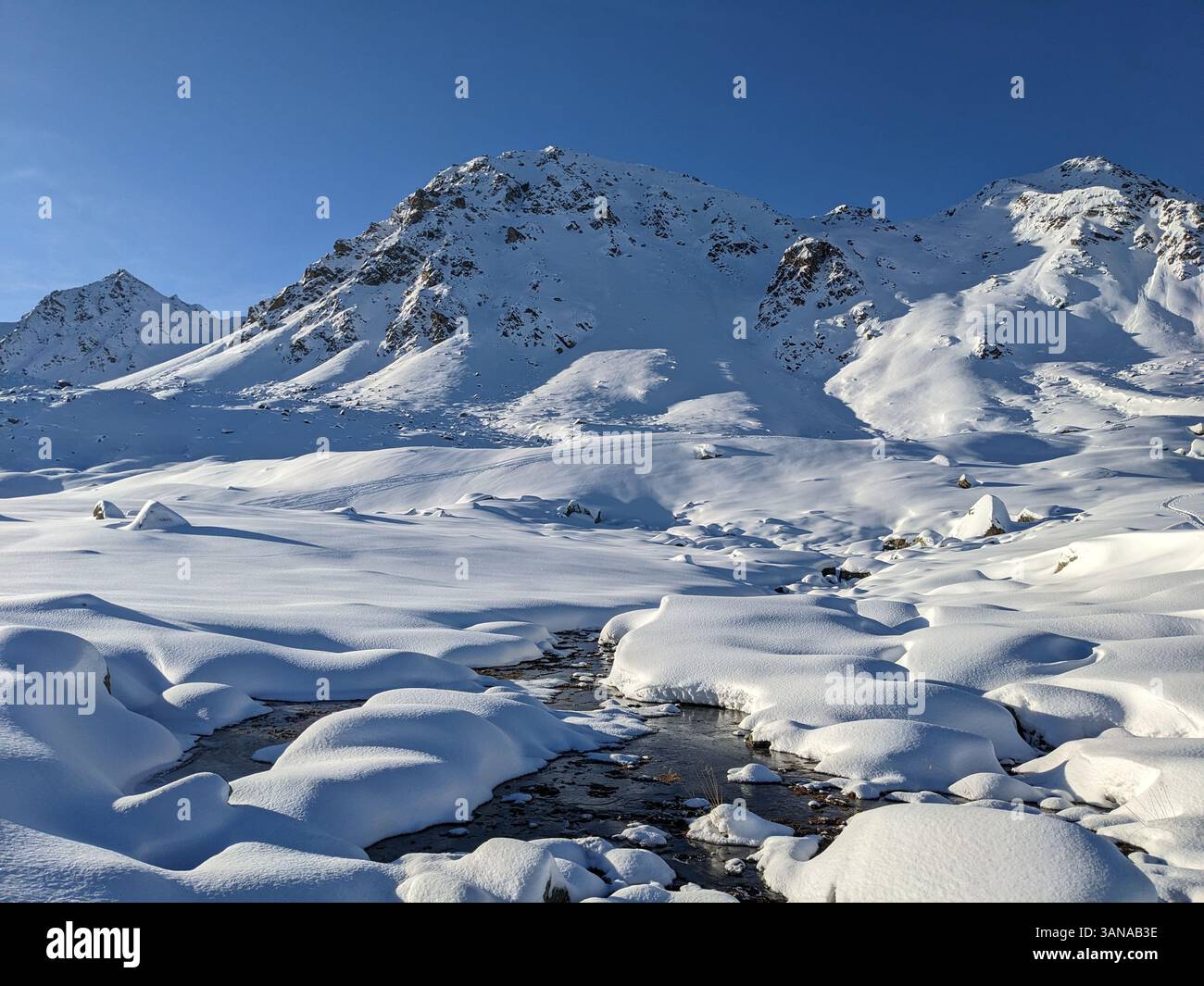Skitour über davos. Wunderschöner Pfad in tiefem Schnee umgeben von schneebedeckten Bergen. Blick auf das Sentisch Horn. Skibergsteigen. Skitour im Wunderland Stockfoto