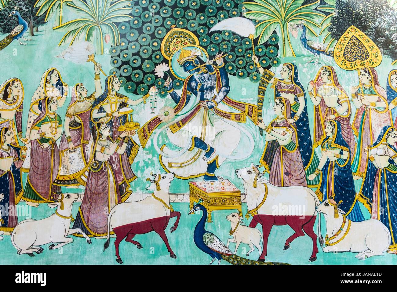 Wandgemälde im Bagore Ki Haveli Museum Udaipur Rajasthan Indien Stockfoto