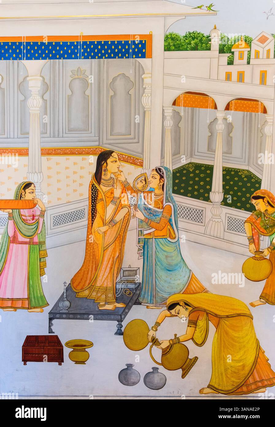 Wandmalerei Bagore Ki Haveli Museum Udaipur Rajasthan Indien Stockfoto