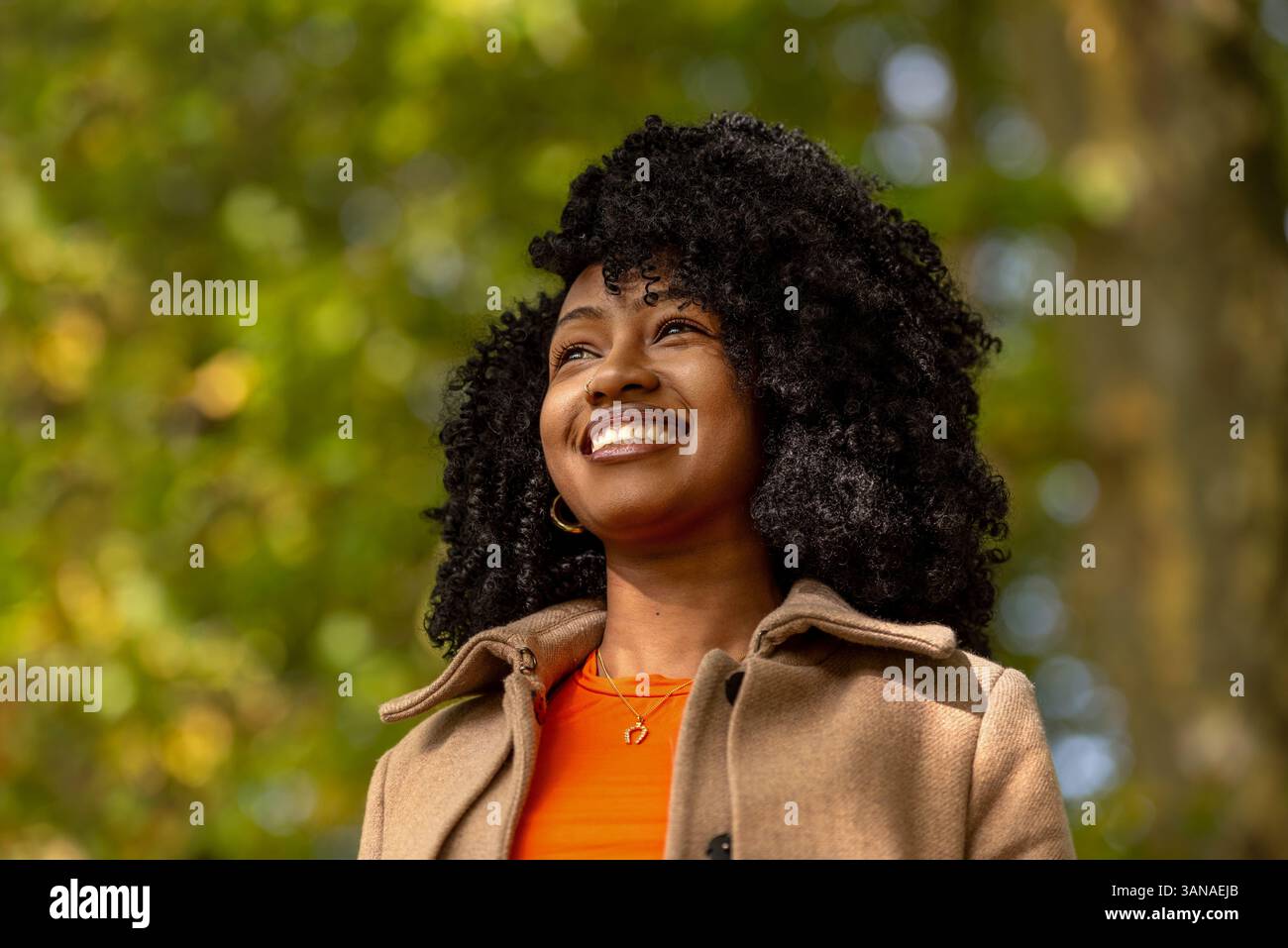 Porträt mit einer schönen jungen Frau, die in einer Herbstkulisse lächelt Stockfoto